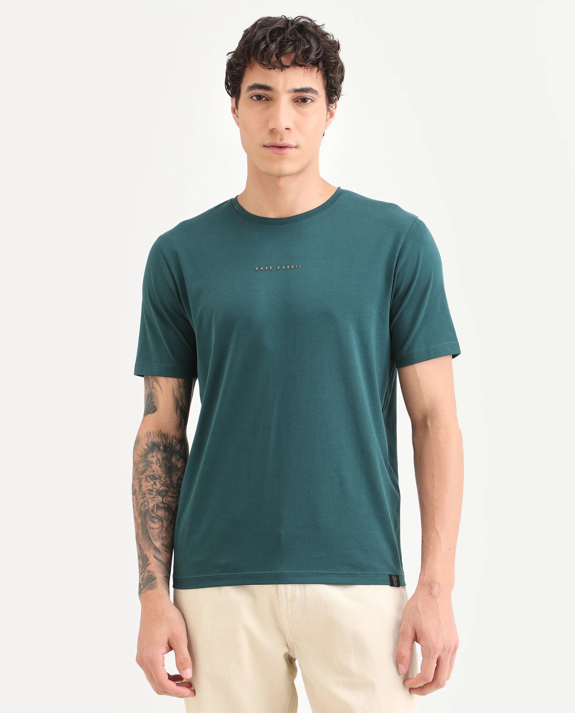 Rare Rabbit Men's Rabbit-S26 Dark Green Cotton Blend Fabric Half Sleeve Crew Neck Regular Fit Plain T-Shirt