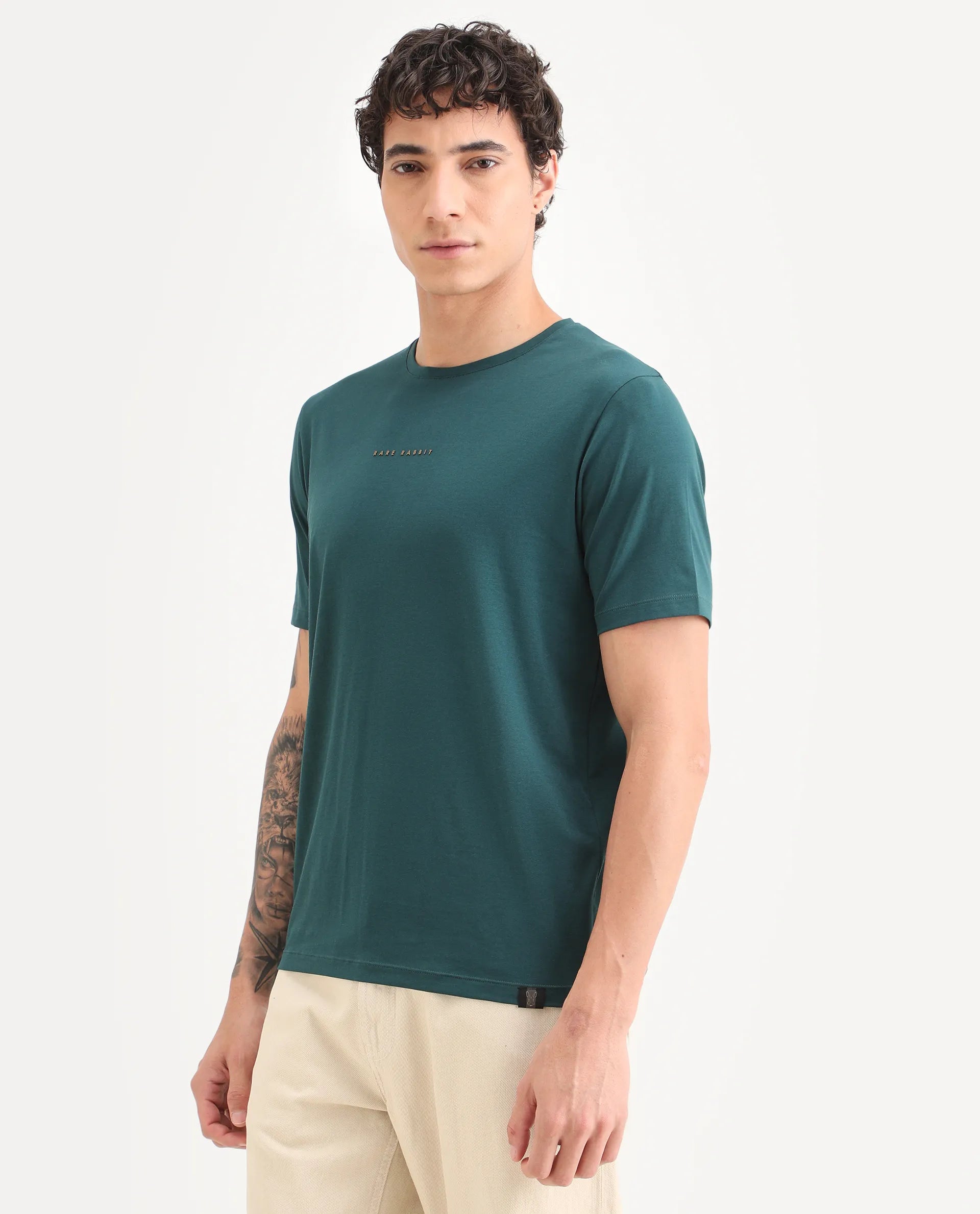 Rare Rabbit Men's Rabbit-S26 Dark Green Cotton Blend Fabric Half Sleeve Crew Neck Regular Fit Plain T-Shirt
