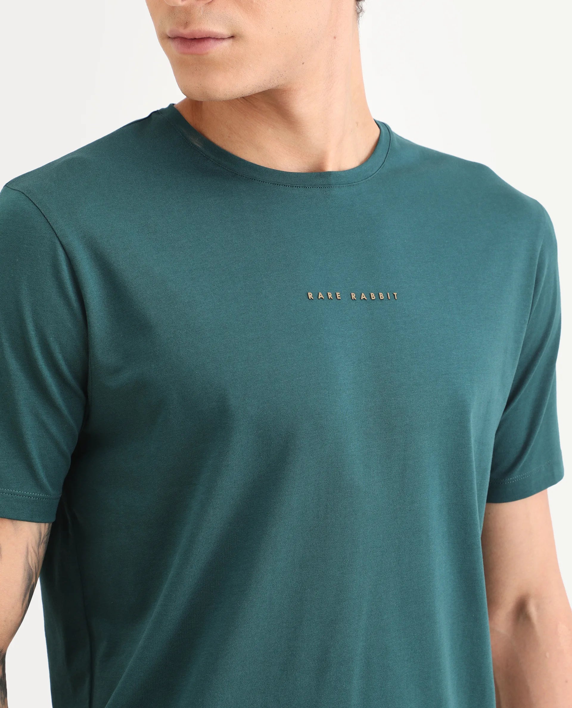 Rare Rabbit Men's Rabbit-S26 Dark Green Cotton Blend Fabric Half Sleeve Crew Neck Regular Fit Plain T-Shirt