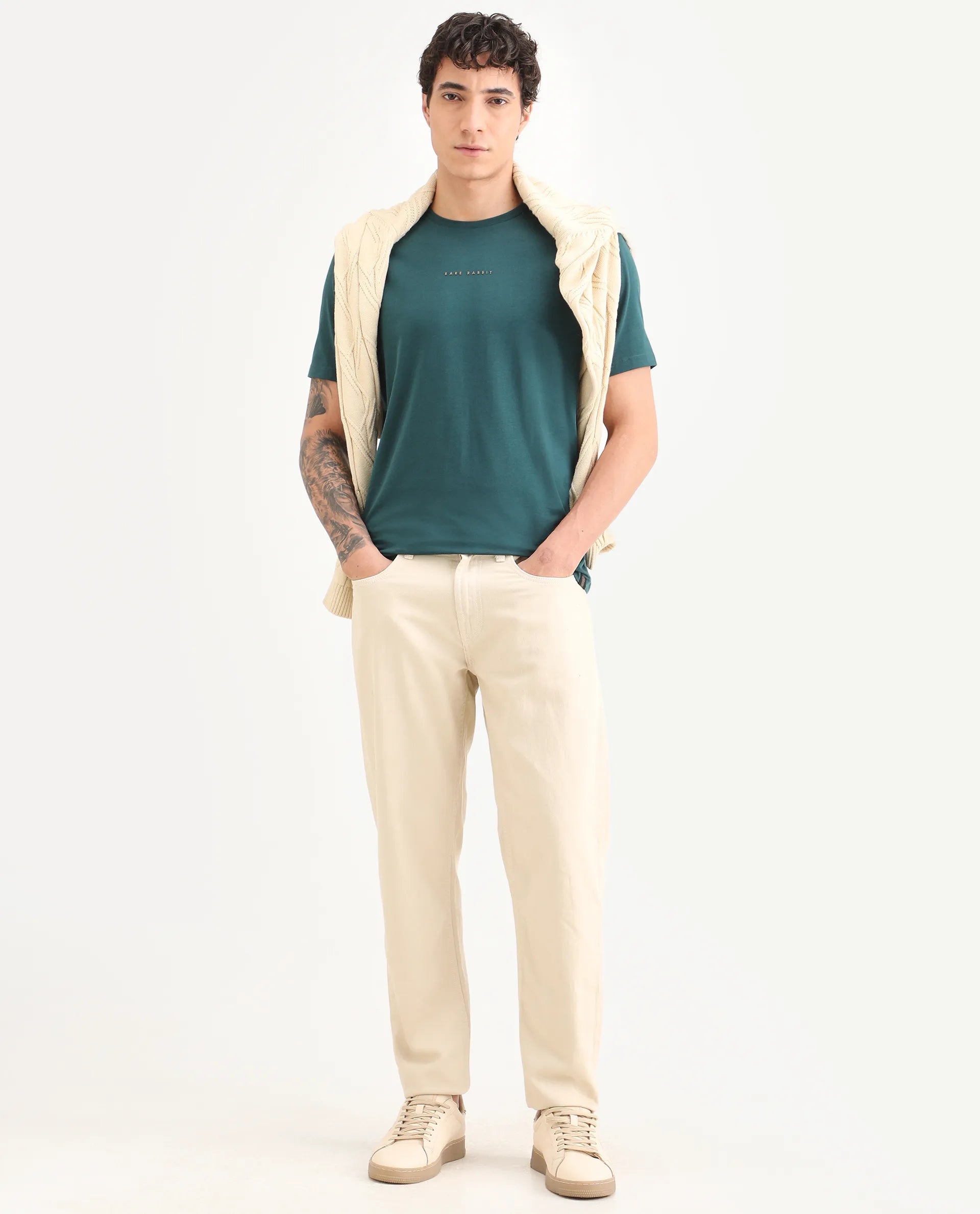 Rare Rabbit Men's Rabbit-S26 Dark Green Cotton Blend Fabric Half Sleeve Crew Neck Regular Fit Plain T-Shirt
