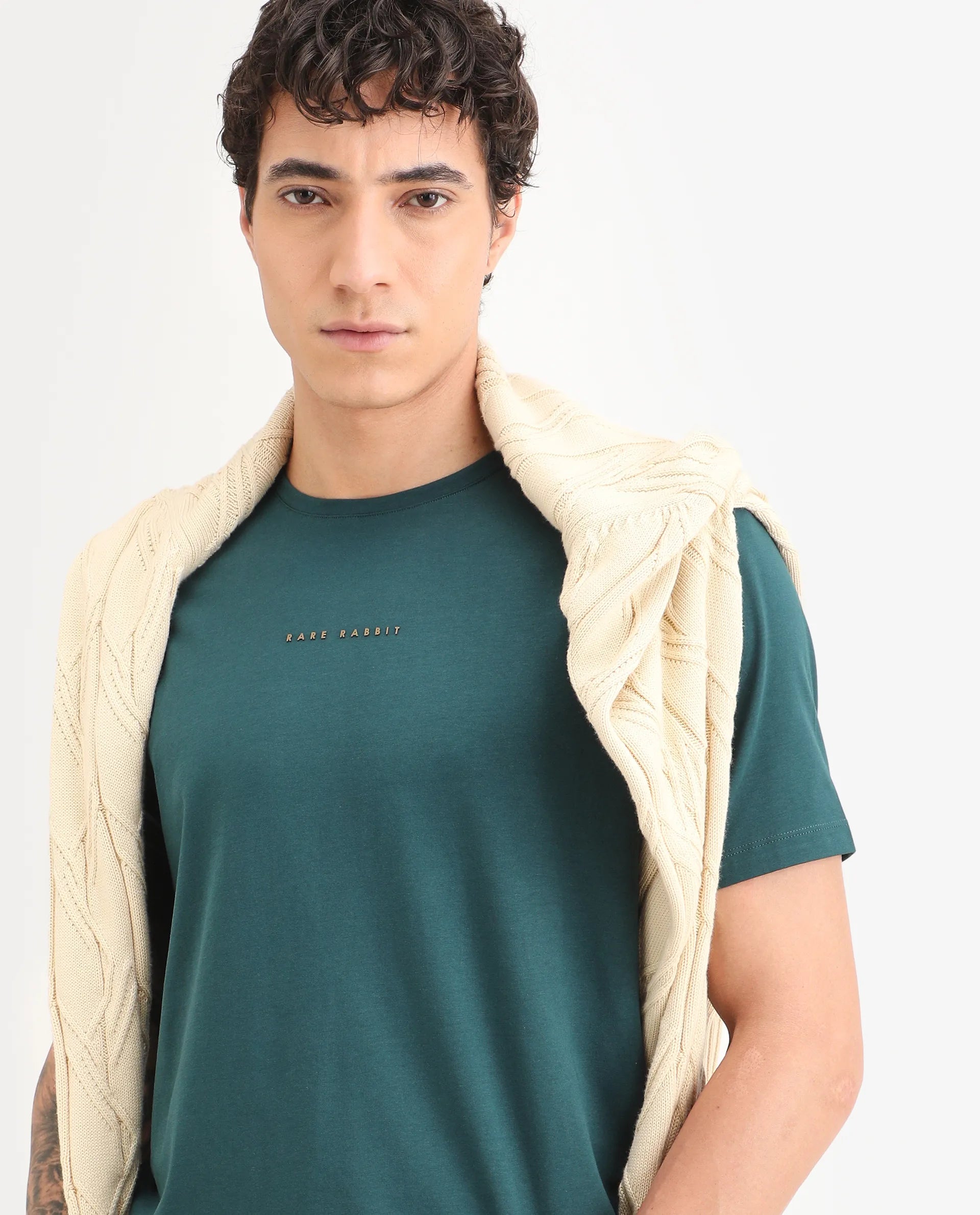 Rare Rabbit Men's Rabbit-S26 Dark Green Cotton Blend Fabric Half Sleeve Crew Neck Regular Fit Plain T-Shirt