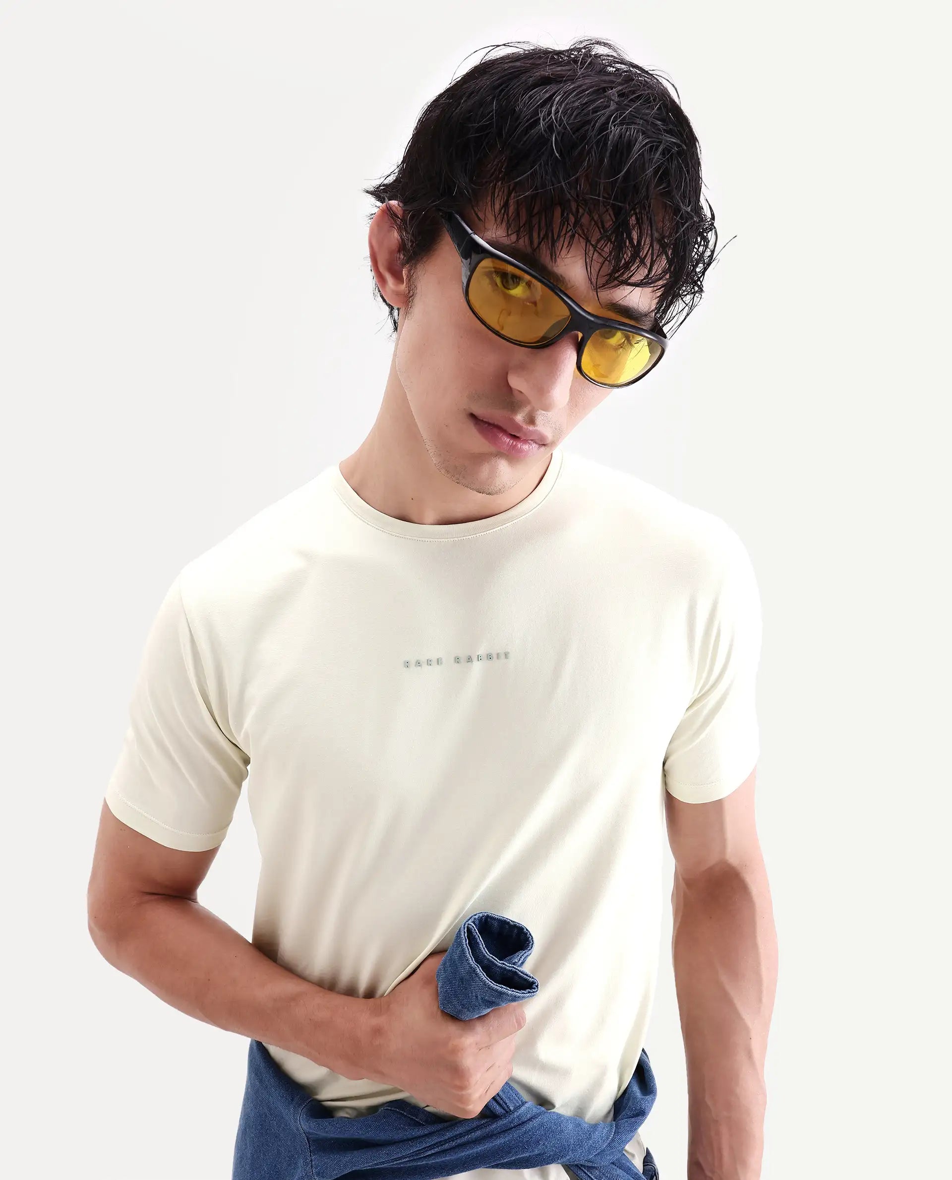 Rare Rabbit Men's Rabbit-S26 Light Green Cotton Blend Fabric Half Sleeve Crew Neck Regular Fit Plain T-Shirt