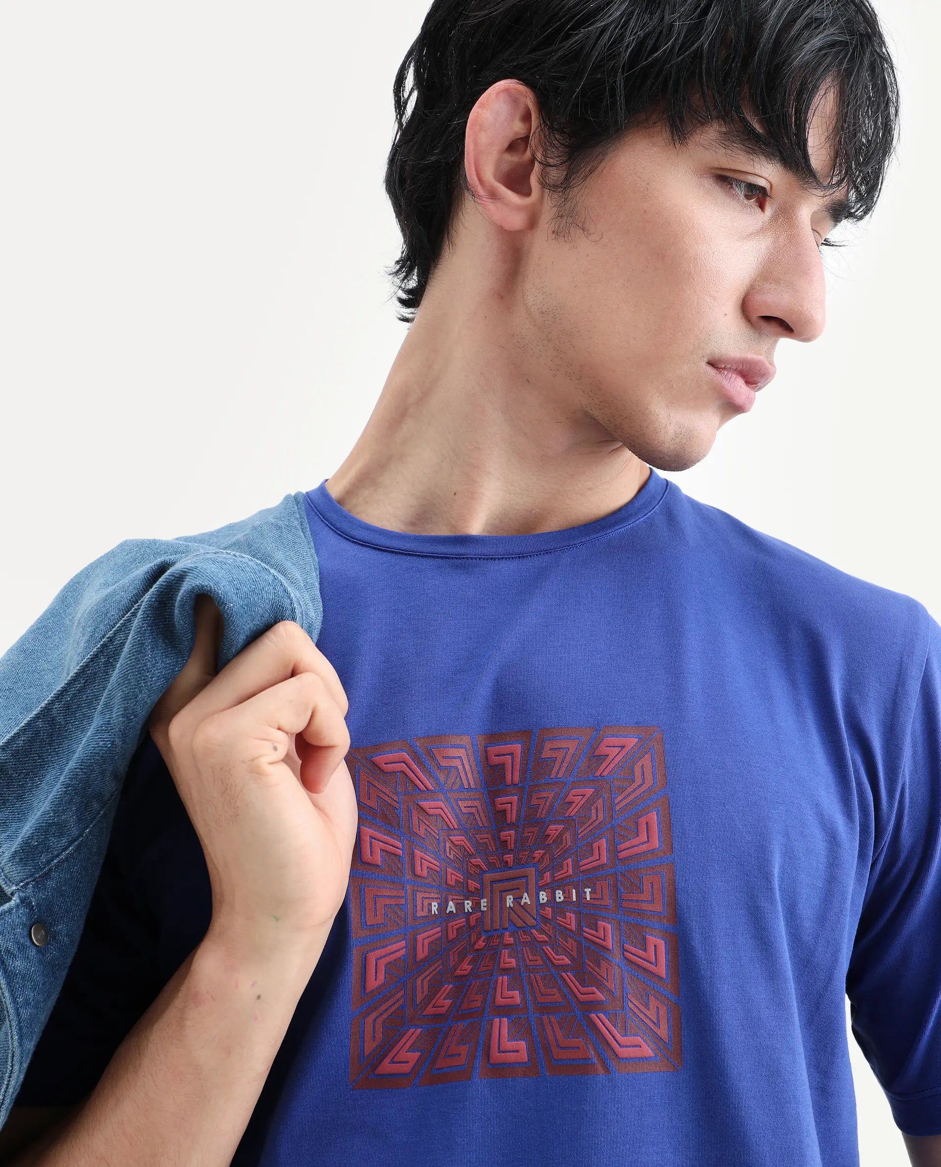 Rare Rabbit Men's Rapo Flouroscent Blue Cotton Blend Fabric Half Sleeve Crew Neck Regular Fit Graphic Print T-Shirt