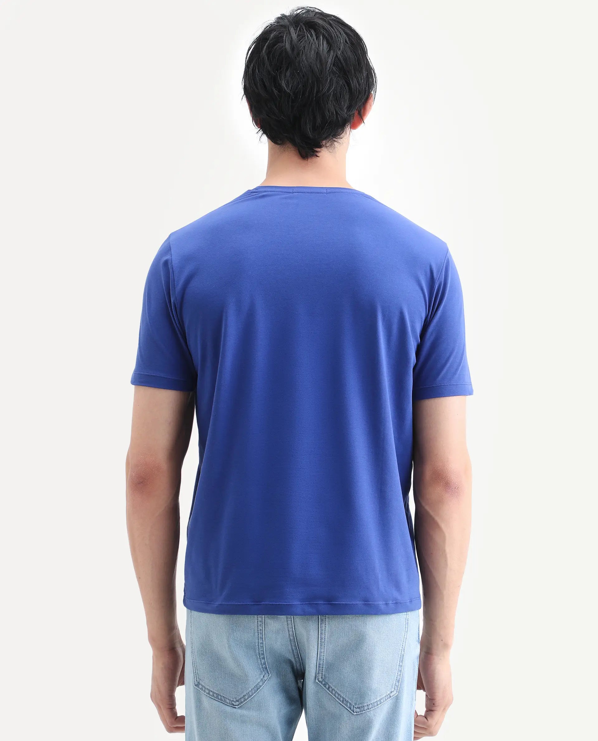 Rare Rabbit Men's Rapo Flouroscent Blue Cotton Blend Fabric Half Sleeve Crew Neck Regular Fit Graphic Print T-Shirt