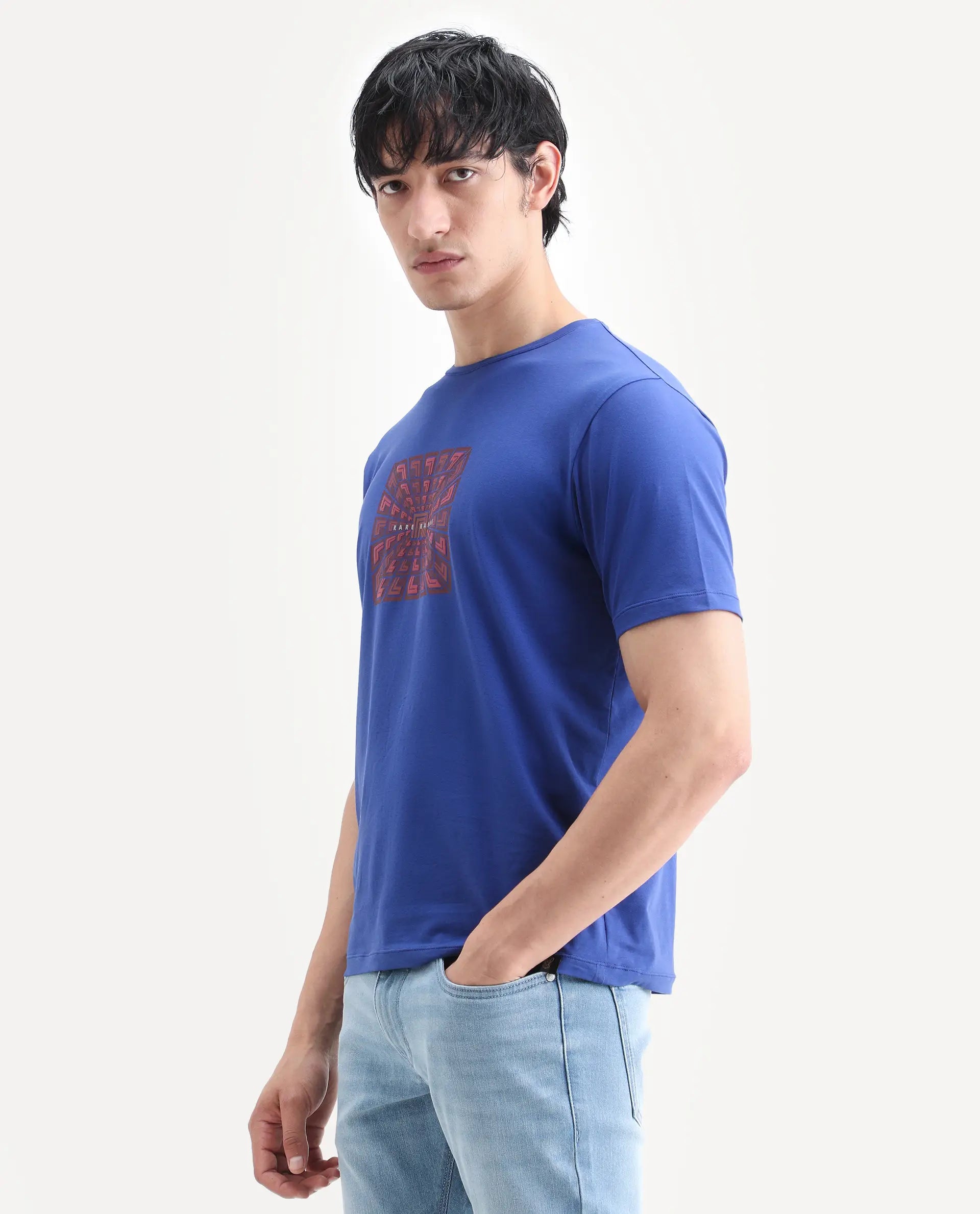 Rare Rabbit Men's Rapo Flouroscent Blue Cotton Blend Fabric Half Sleeve Crew Neck Regular Fit Graphic Print T-Shirt