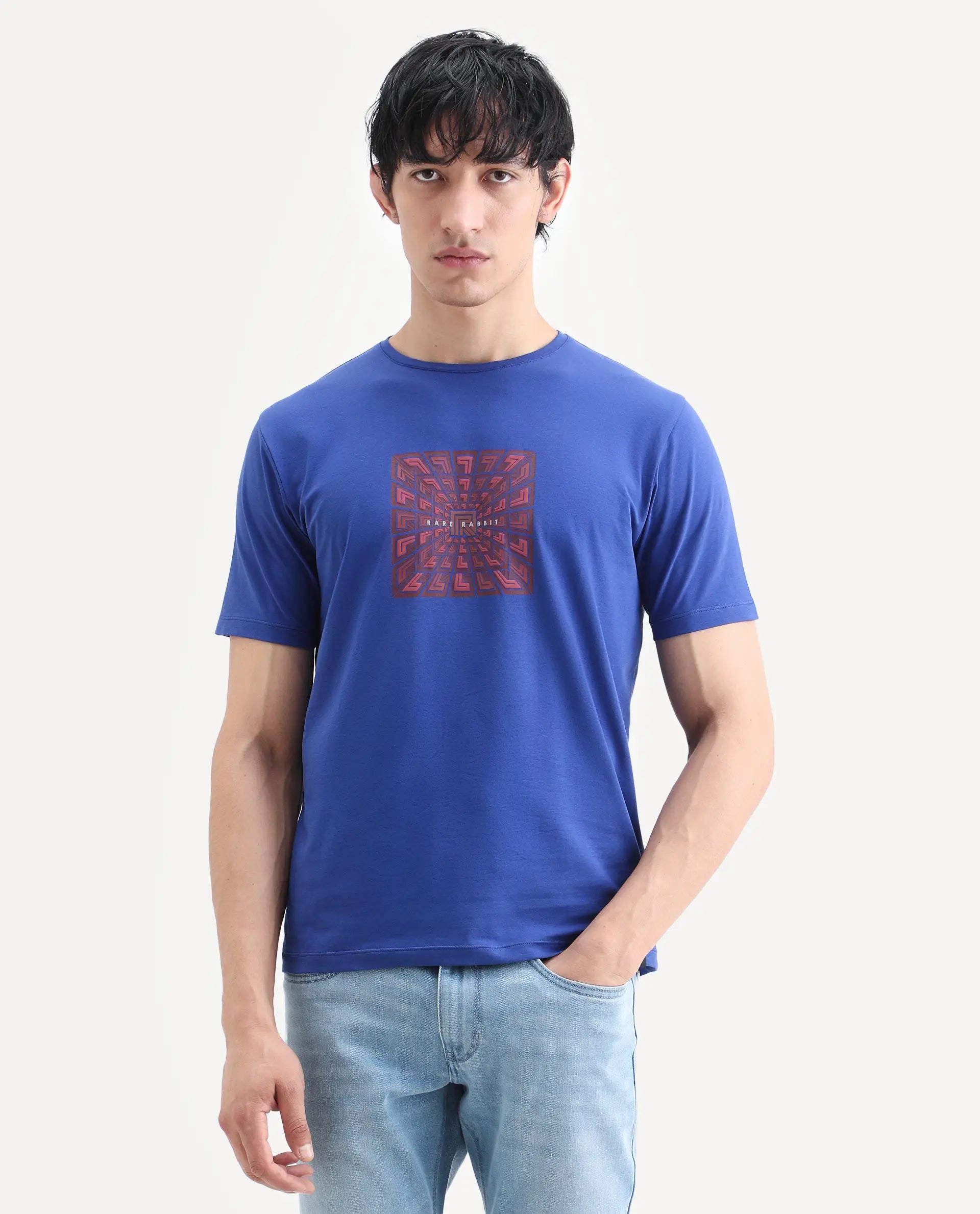 Rare Rabbit Men's Rapo Flouroscent Blue Cotton Blend Fabric Half Sleeve Crew Neck Regular Fit Graphic Print T-Shirt