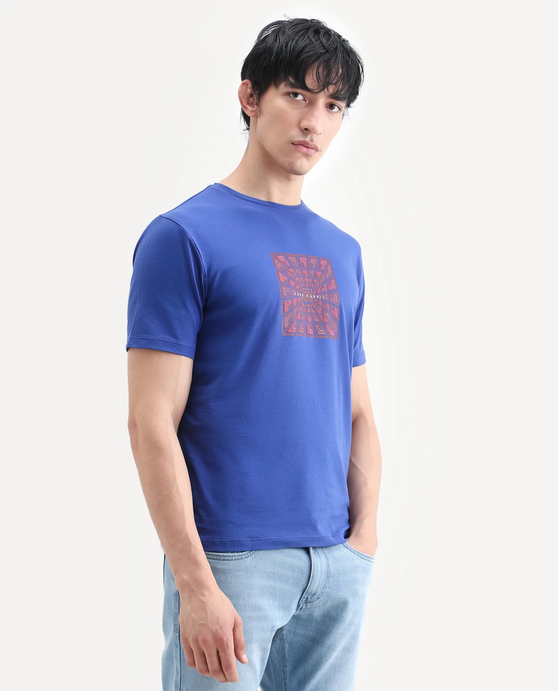 Rare Rabbit Men's Rapo Flouroscent Blue Cotton Blend Fabric Half Sleeve Crew Neck Regular Fit Graphic Print T-Shirt