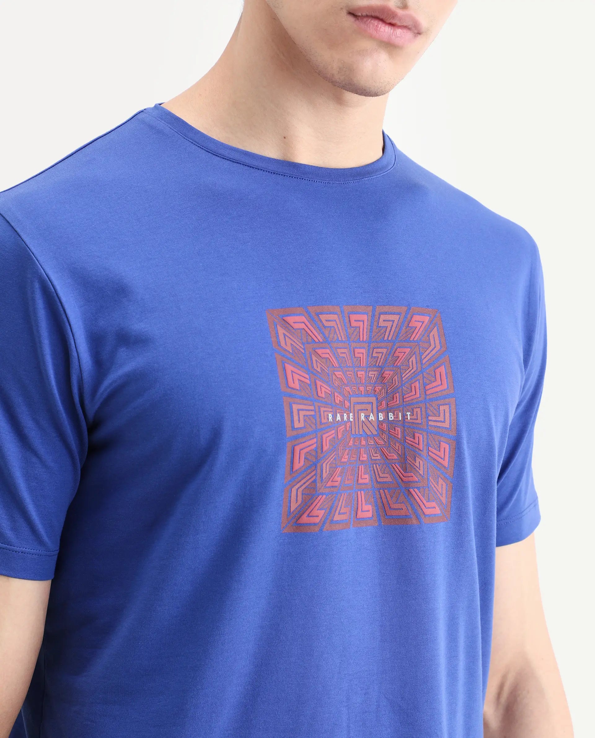 Rare Rabbit Men's Rapo Flouroscent Blue Cotton Blend Fabric Half Sleeve Crew Neck Regular Fit Graphic Print T-Shirt