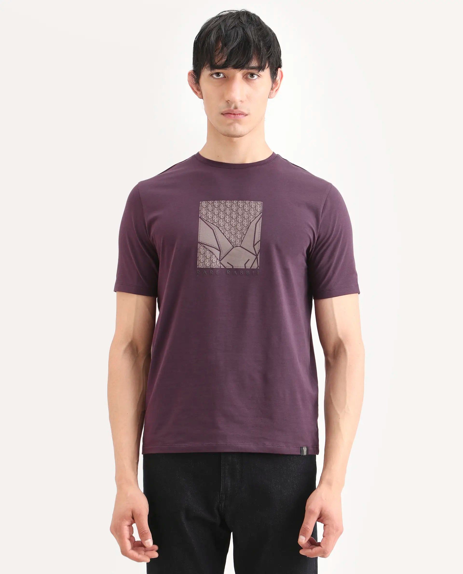 Rare Rabbit Men's Reg Dark Purple Cotton Blend Fabric Half Sleeve Crew Neck Regular Fit Graphic Print T-Shirt
