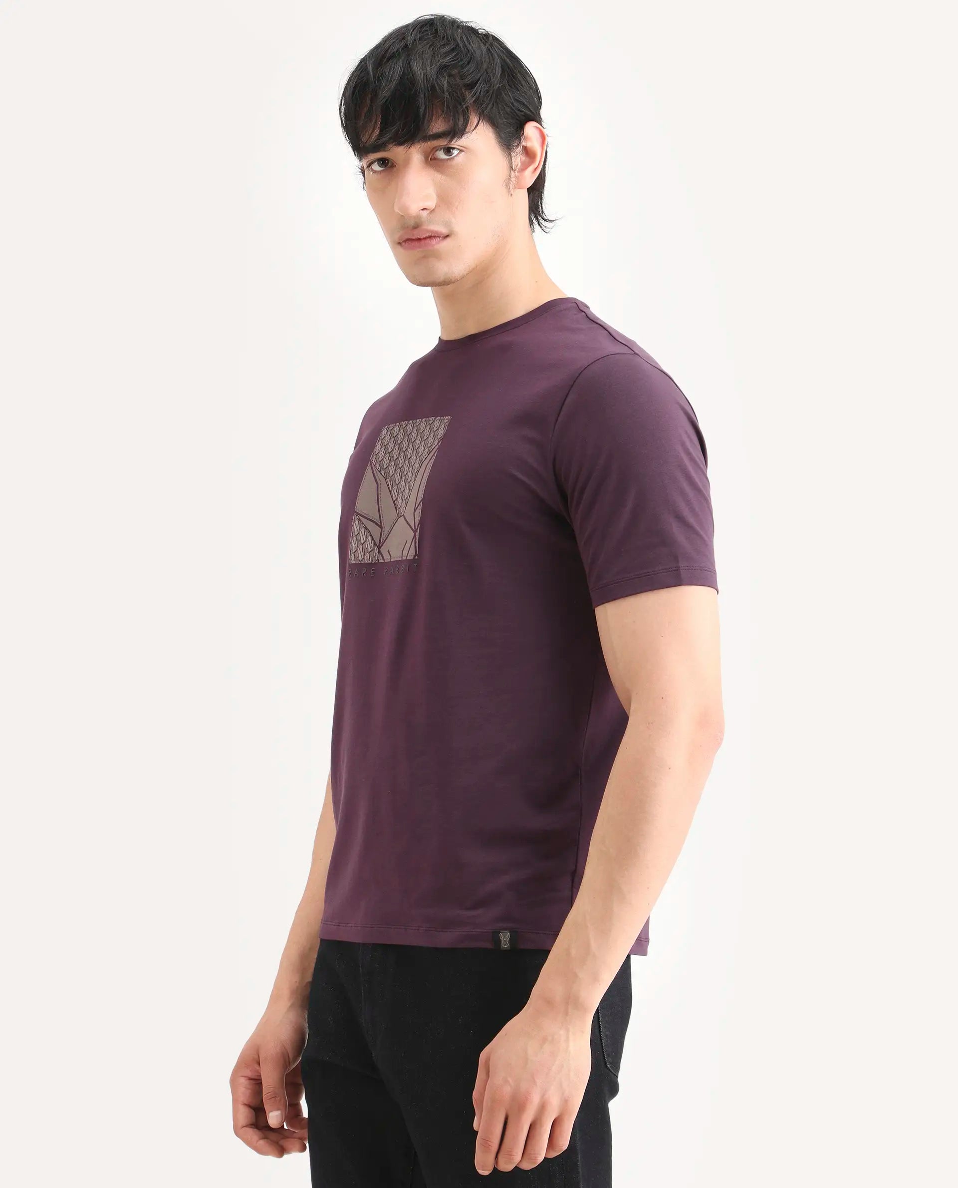 Rare Rabbit Men's Reg Dark Purple Cotton Blend Fabric Half Sleeve Crew Neck Regular Fit Graphic Print T-Shirt