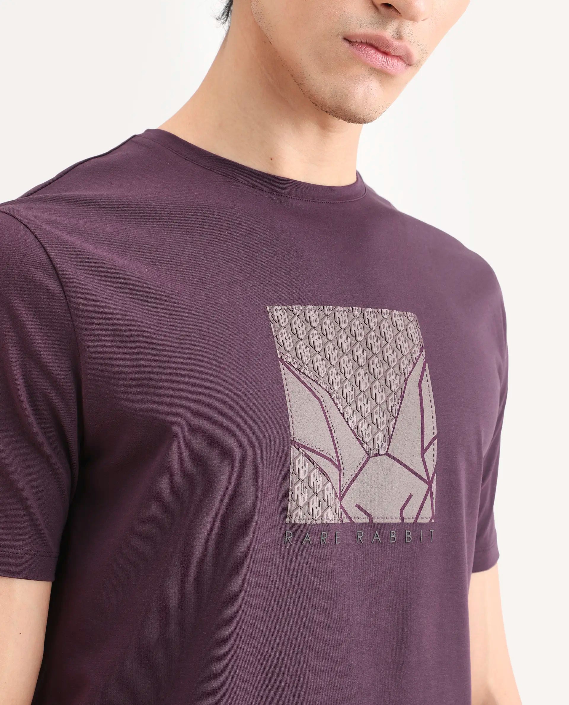 Rare Rabbit Men's Reg Dark Purple Cotton Blend Fabric Half Sleeve Crew Neck Regular Fit Graphic Print T-Shirt