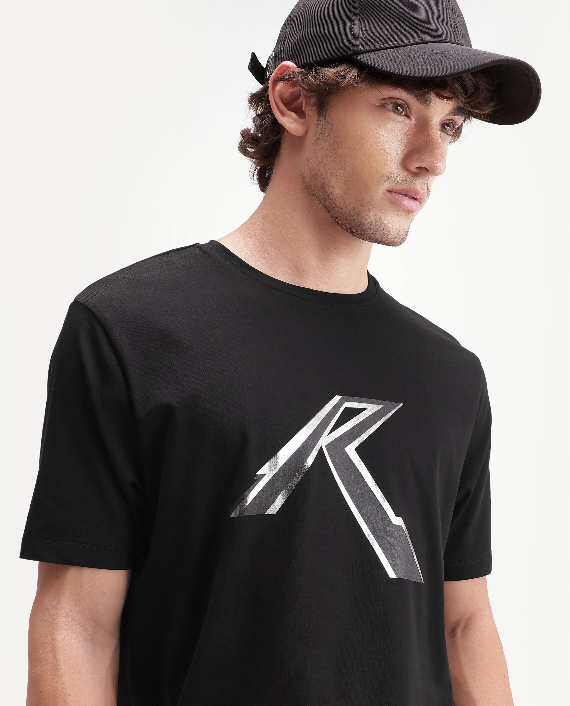 Rare Rabbit Men's Renz Black Cotton Blend Fabric Half Sleeve Crew Neck Regular Fit Graphic Print T-Shirt