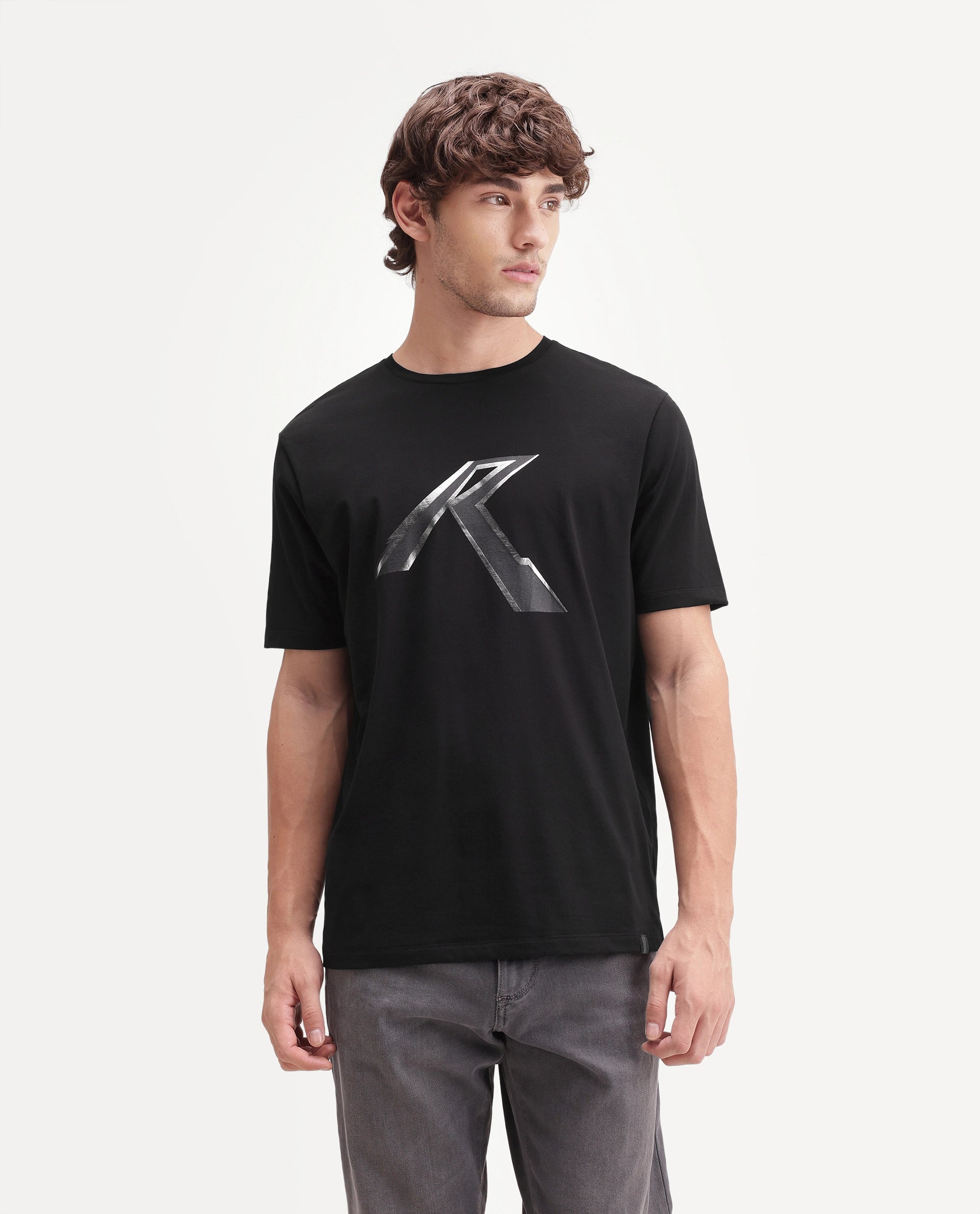 Rare Rabbit Men's Renz Black Cotton Blend Fabric Half Sleeve Crew Neck Regular Fit Graphic Print T-Shirt