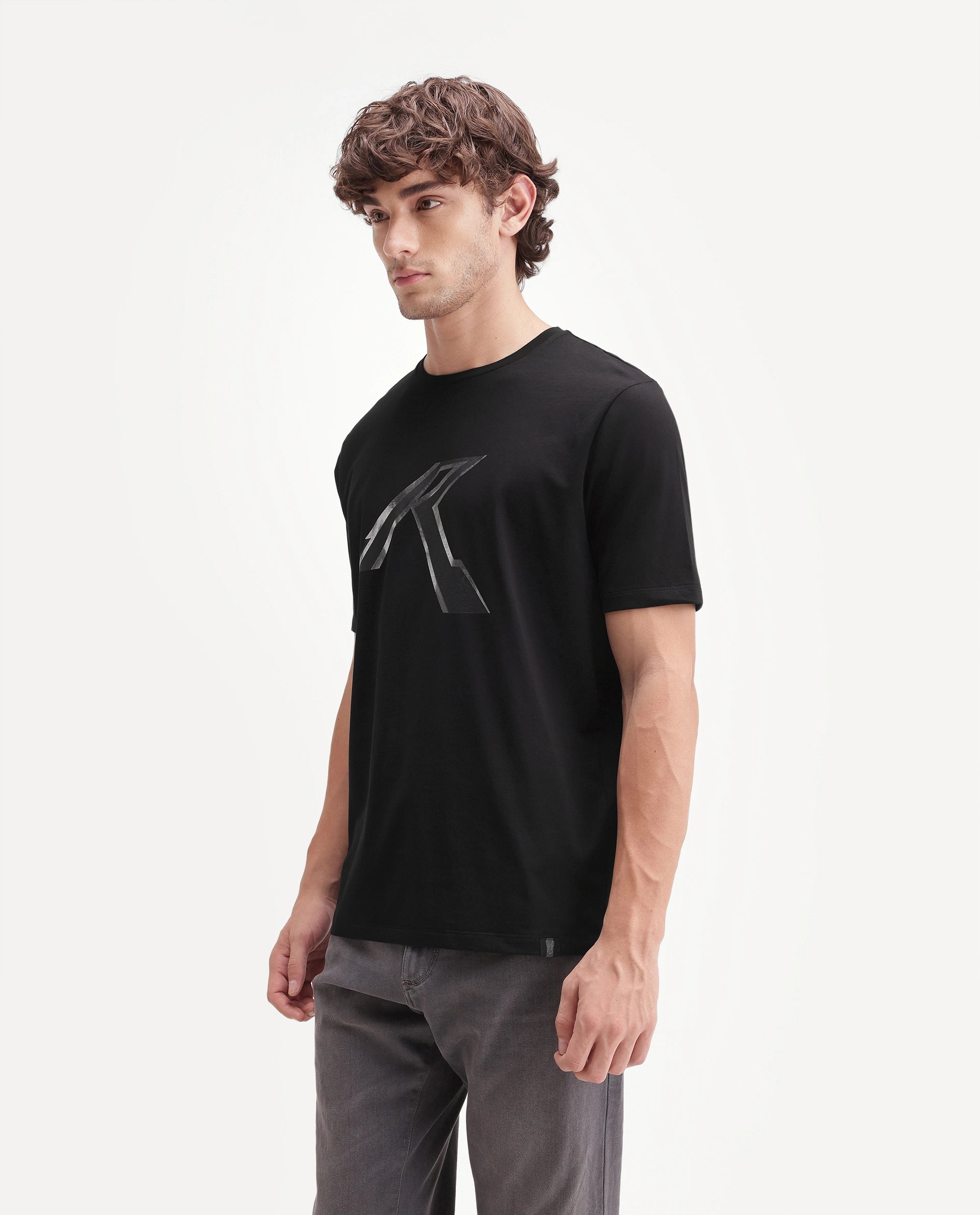 Rare Rabbit Men's Renz Black Cotton Blend Fabric Half Sleeve Crew Neck Regular Fit Graphic Print T-Shirt