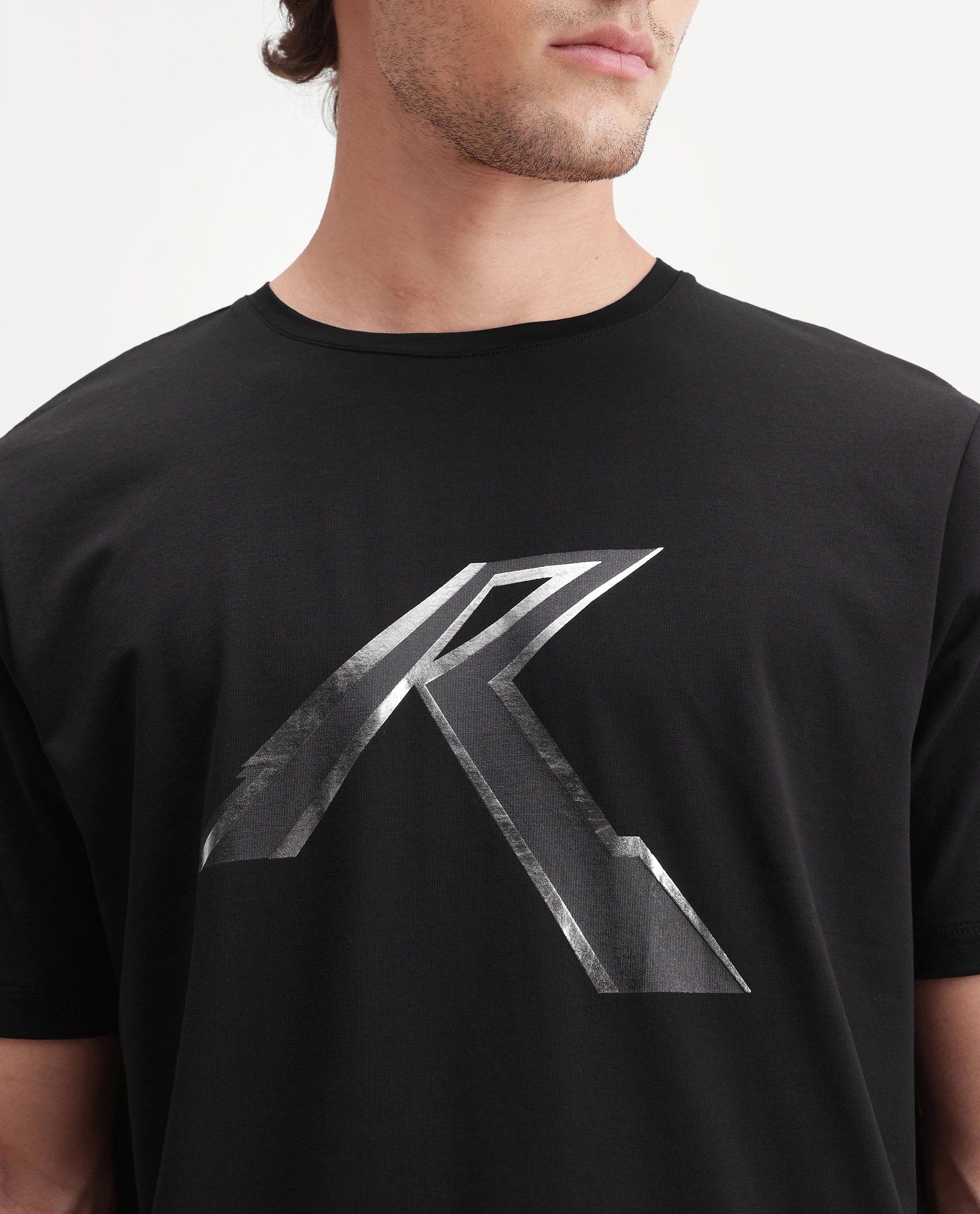 Rare Rabbit Men's Renz Black Cotton Blend Fabric Half Sleeve Crew Neck Regular Fit Graphic Print T-Shirt