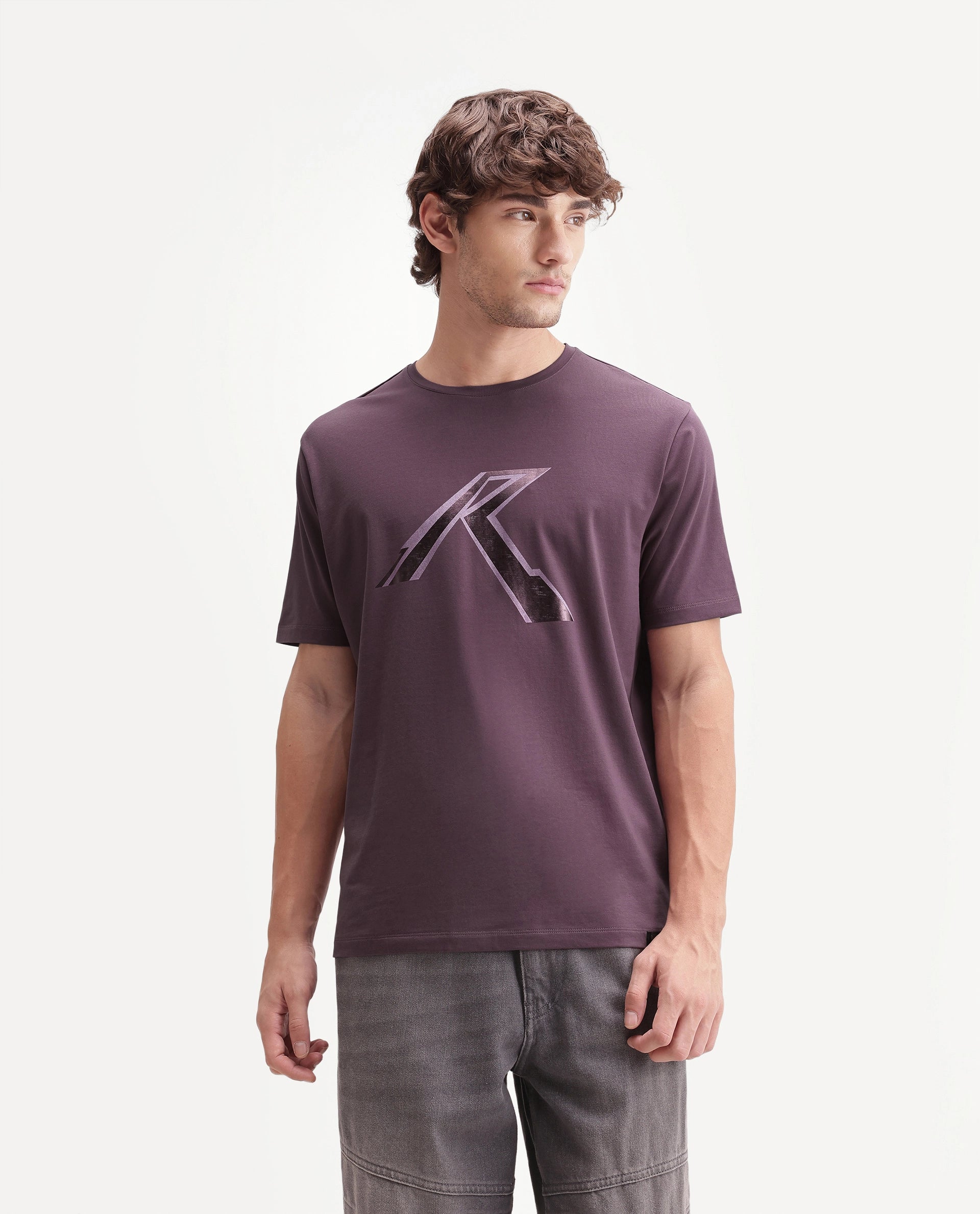 Rare Rabbit Men's Renz Dusky Pink Cotton Blend Fabric Half Sleeve Crew Neck Regular Fit Graphic Print T-Shirt