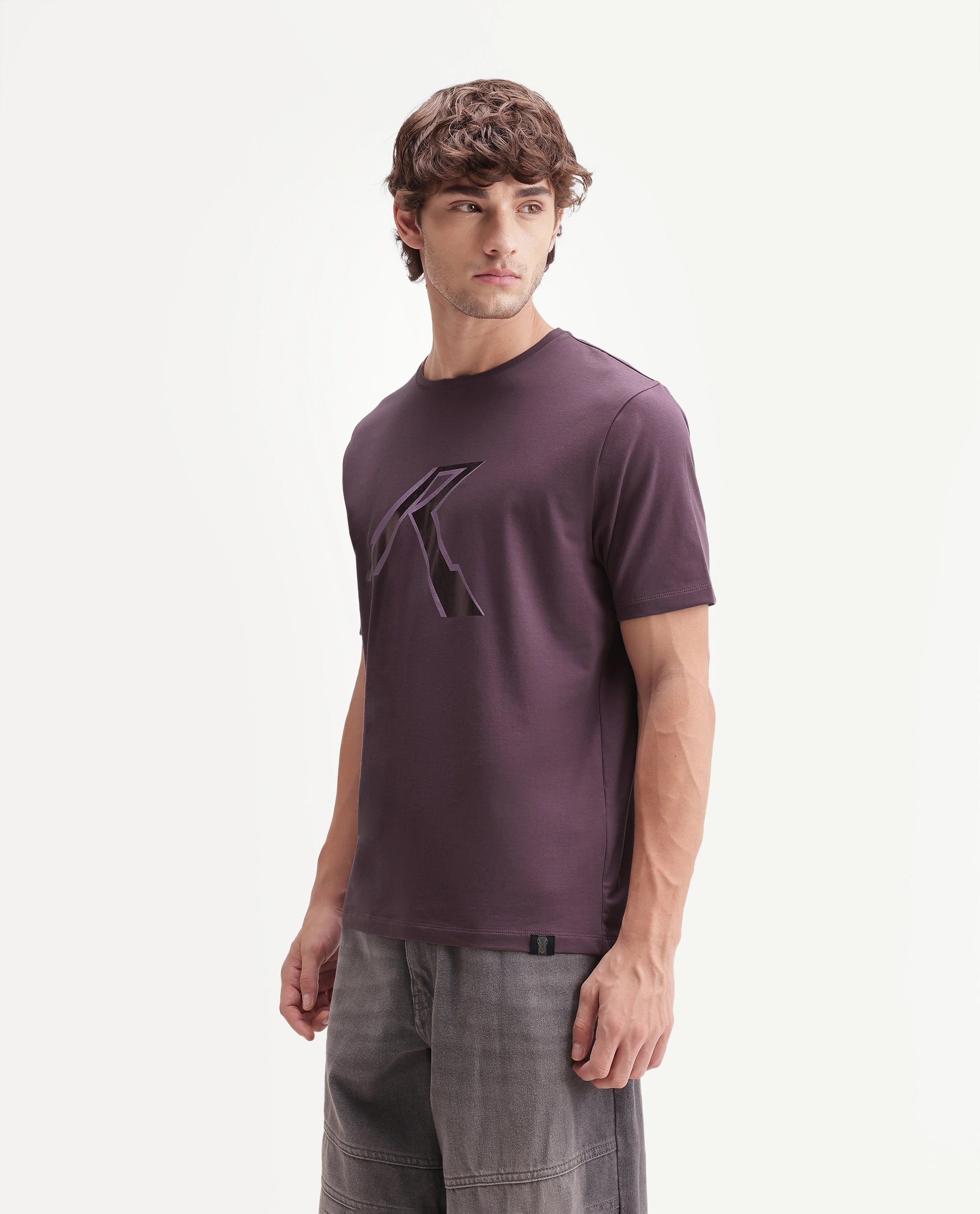 Rare Rabbit Men's Renz Dusky Pink Cotton Blend Fabric Half Sleeve Crew Neck Regular Fit Graphic Print T-Shirt