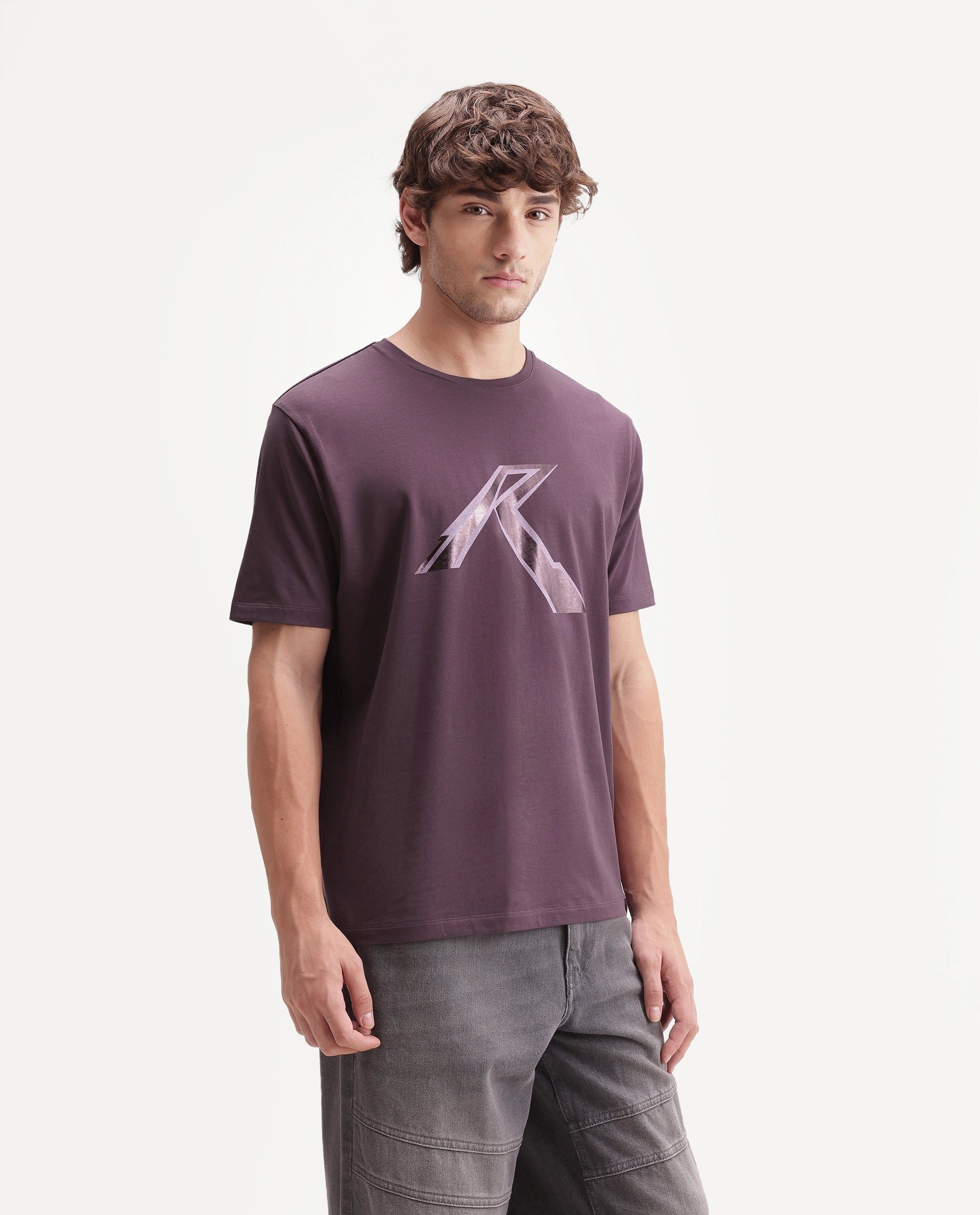 Rare Rabbit Men's Renz Dusky Pink Cotton Blend Fabric Half Sleeve Crew Neck Regular Fit Graphic Print T-Shirt
