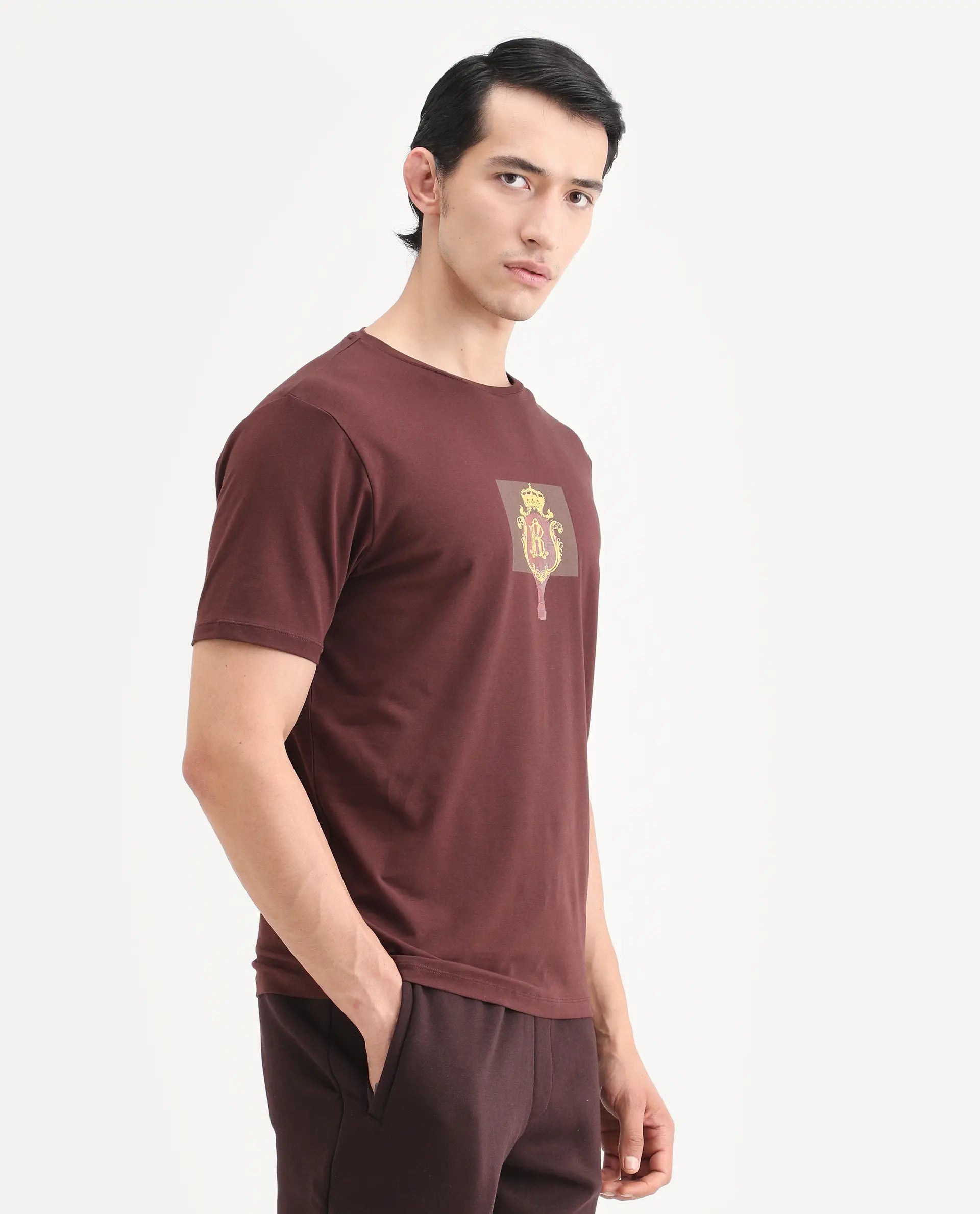 Rare Rabbit Men's Rivn Dusky Brown Cotton Blend Fabric Half Sleeve Crew Neck Regular Fit Graphic Print T-Shirt