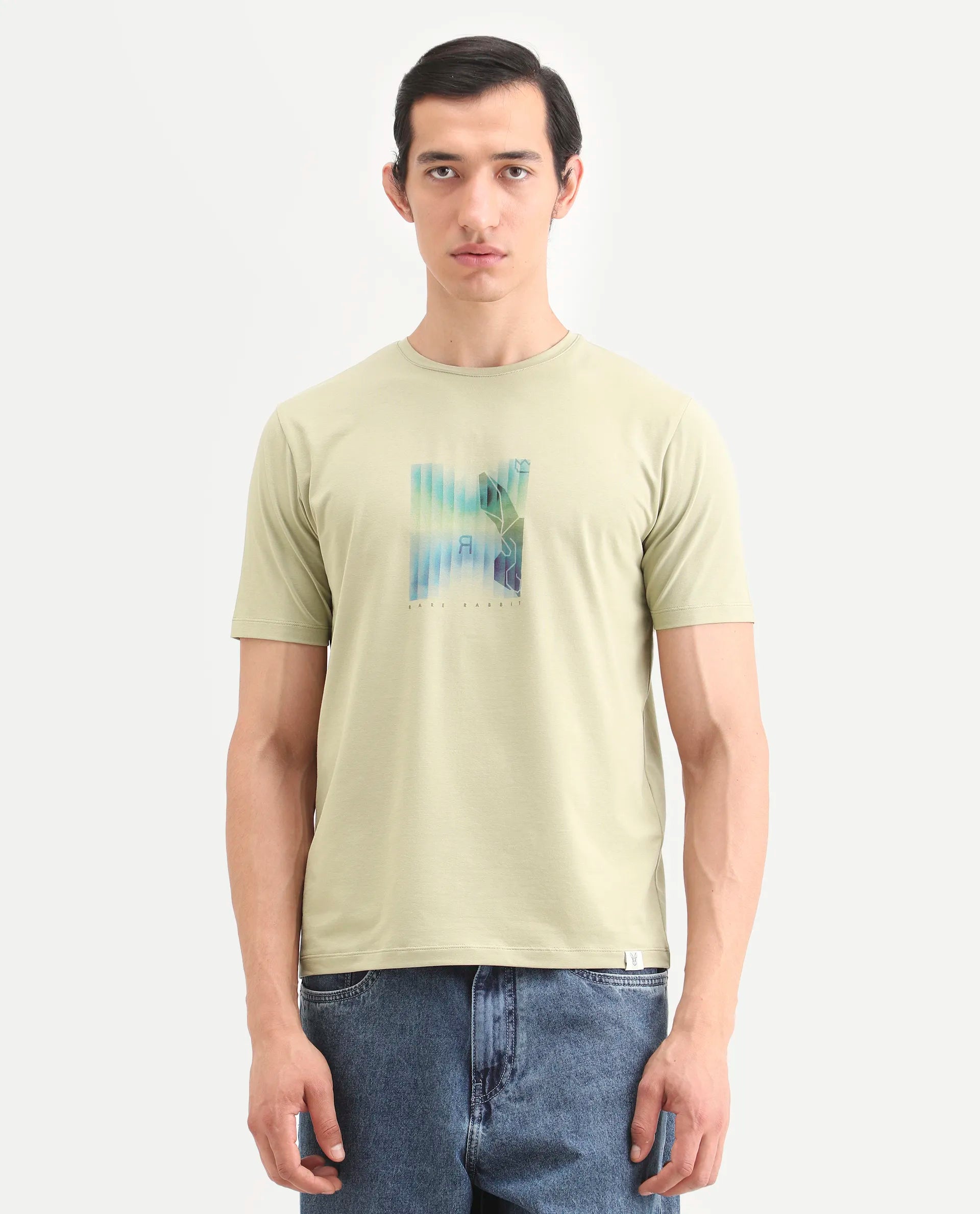 Rare Rabbit Men's Ront Light Green Cotton Blend Fabric Half Sleeve Crew Neck Regular Fit Graphic Print T-Shirt