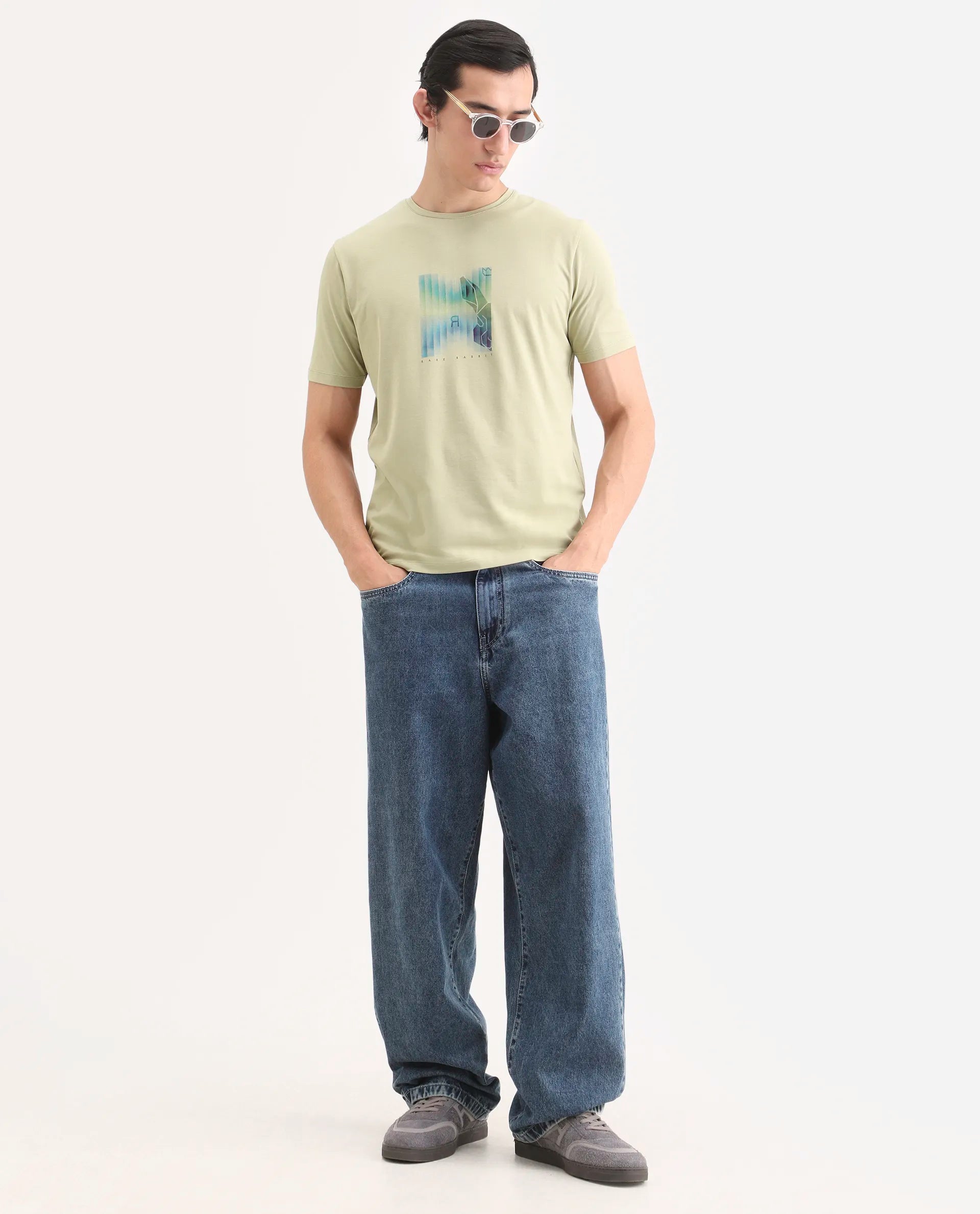 Rare Rabbit Men's Ront Light Green Cotton Blend Fabric Half Sleeve Crew Neck Regular Fit Graphic Print T-Shirt