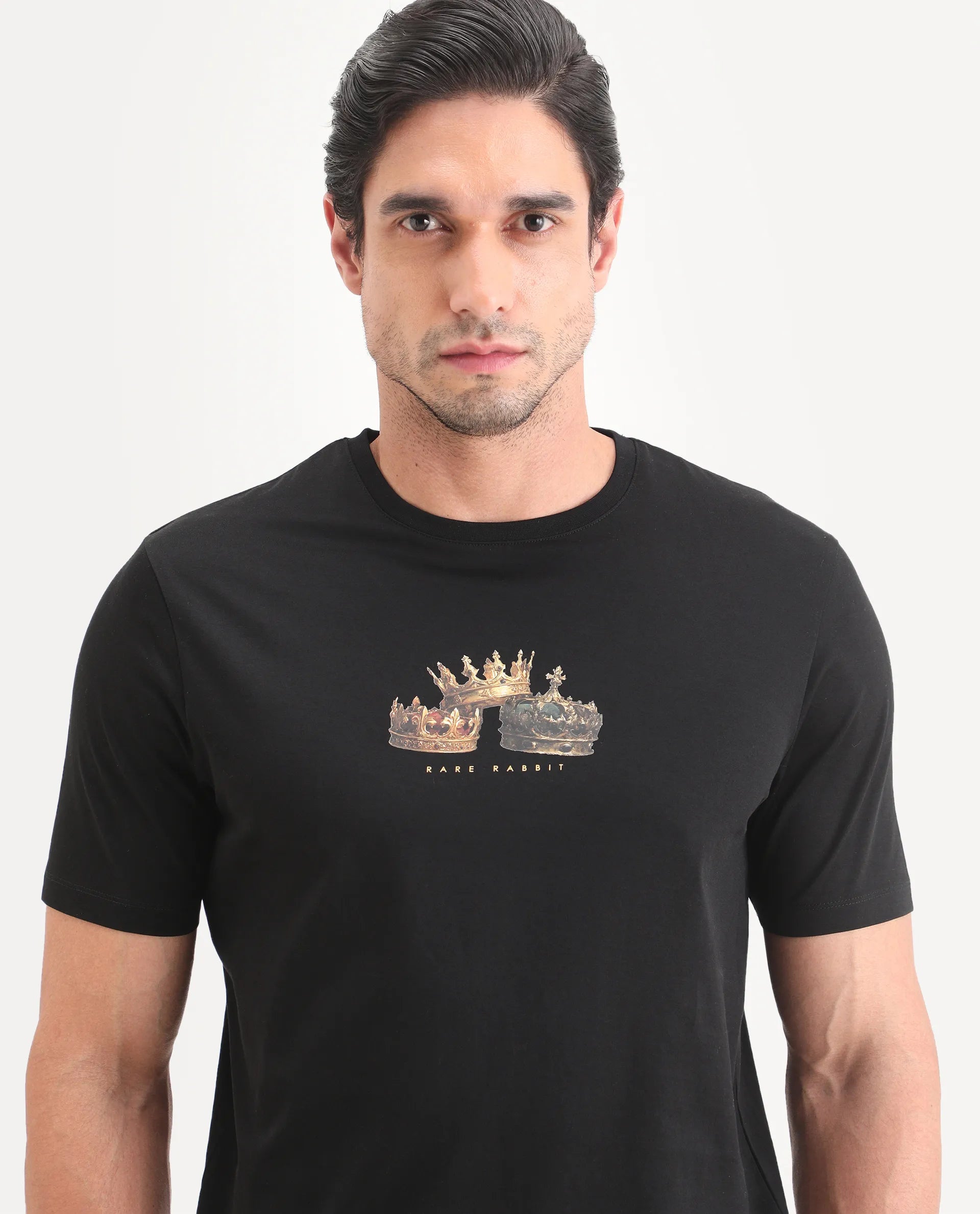 Rare Rabbit Men's Ronw Black Cotton Fabric Half Sleeve Crew Neck Regular Fit Graphic Print T-Shirt