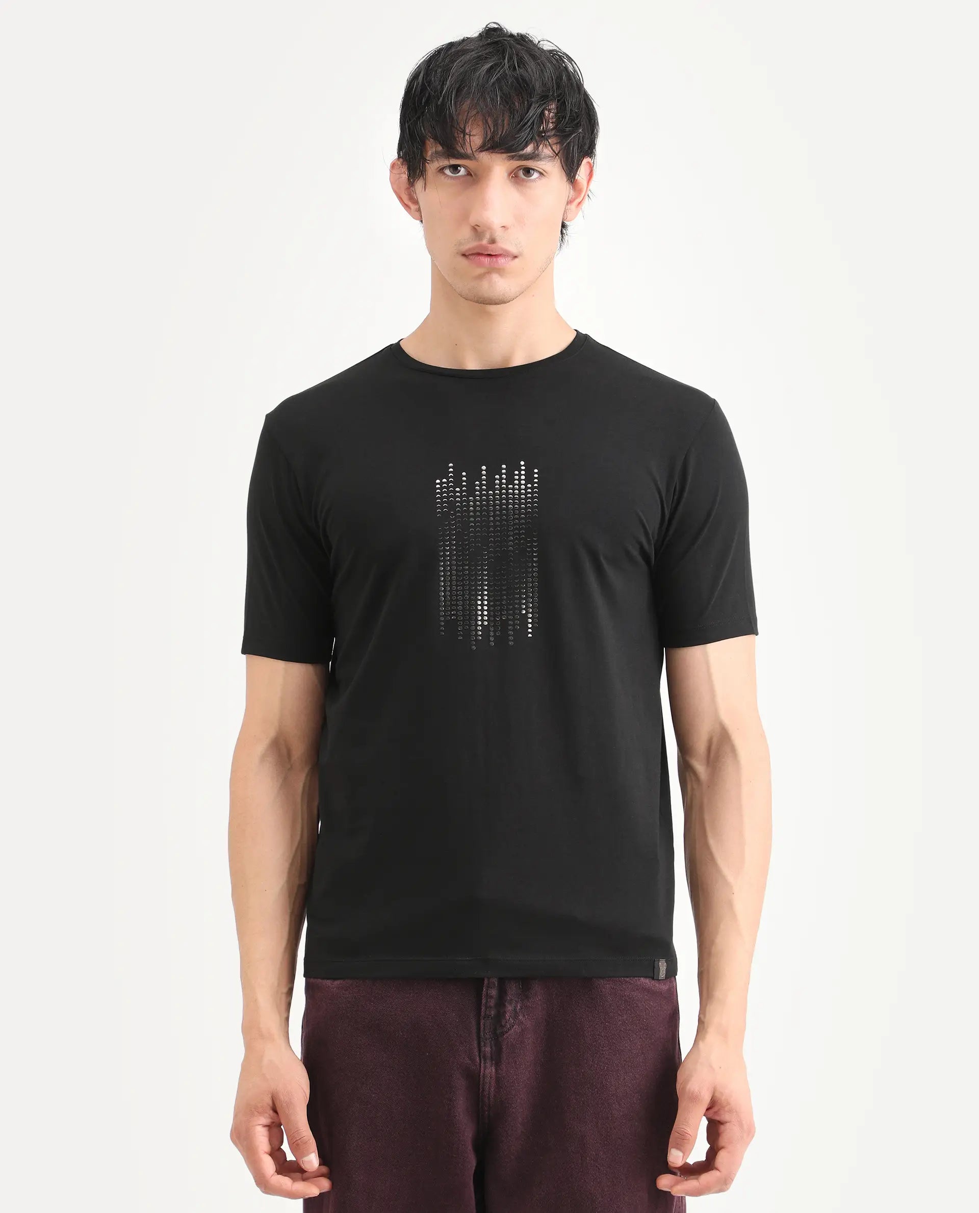 Rare Rabbit Men's Ruho Black Cotton Blend Fabric Half Sleeve Crew Neck Regular Fit Graphic Print T-Shirt