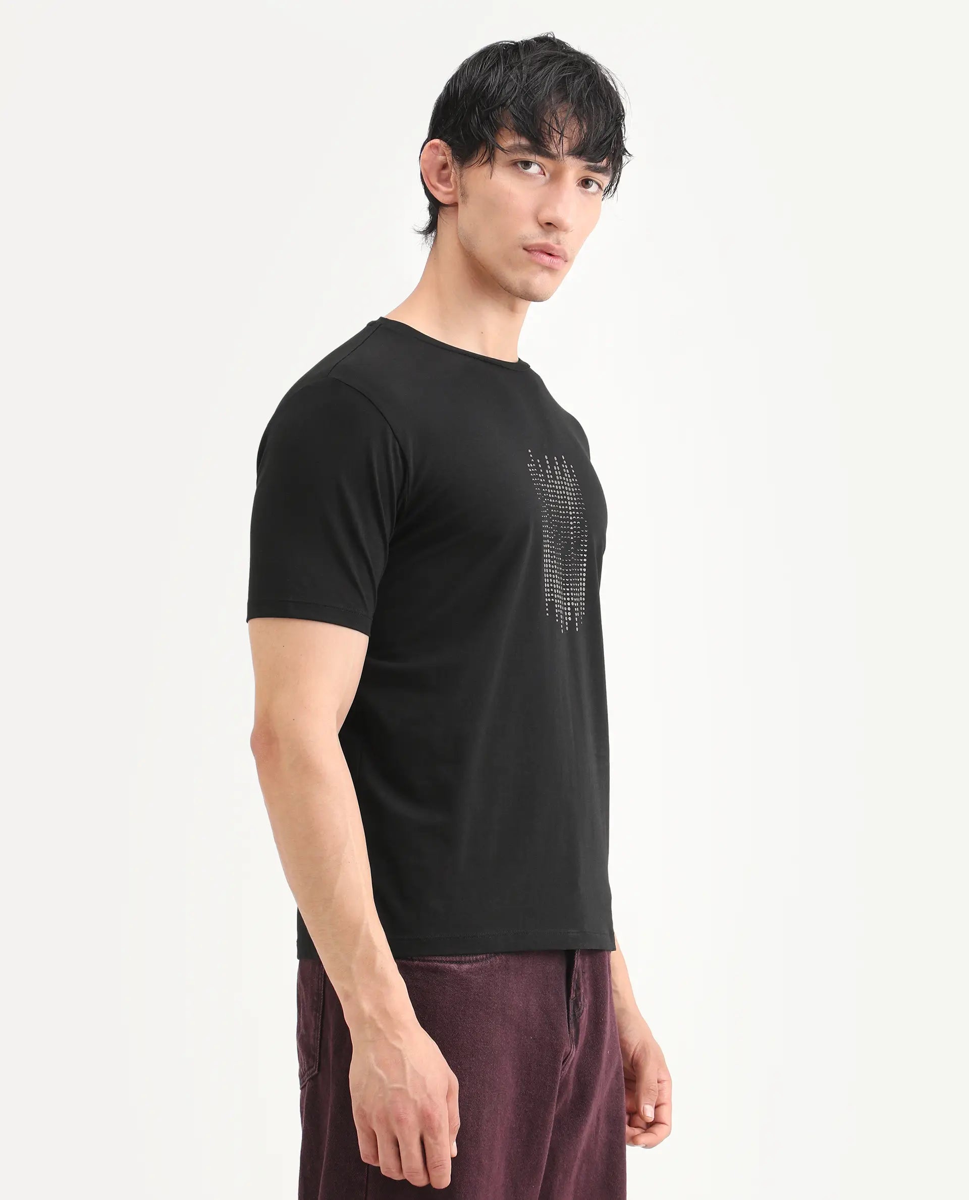 Rare Rabbit Men's Ruho Black Cotton Blend Fabric Half Sleeve Crew Neck Regular Fit Graphic Print T-Shirt