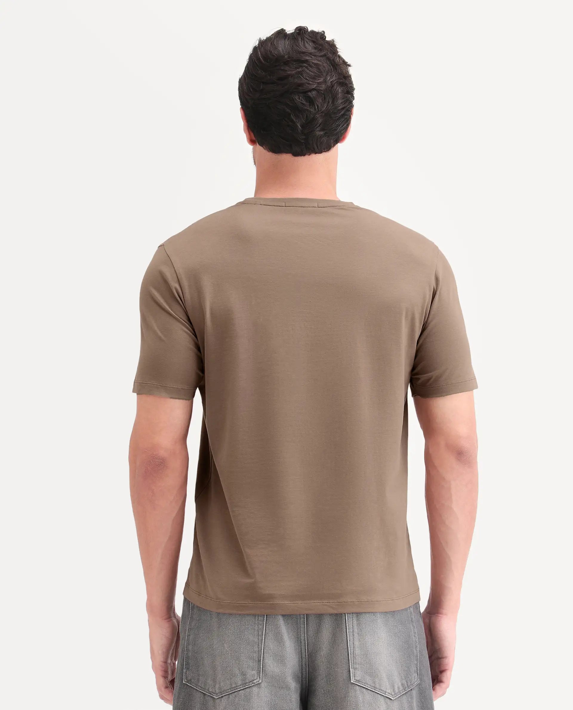 Rare Rabbit Men's Ruho Light Brown Cotton Blend Fabric Half Sleeve Crew Neck Regular Fit Graphic Print T-Shirt