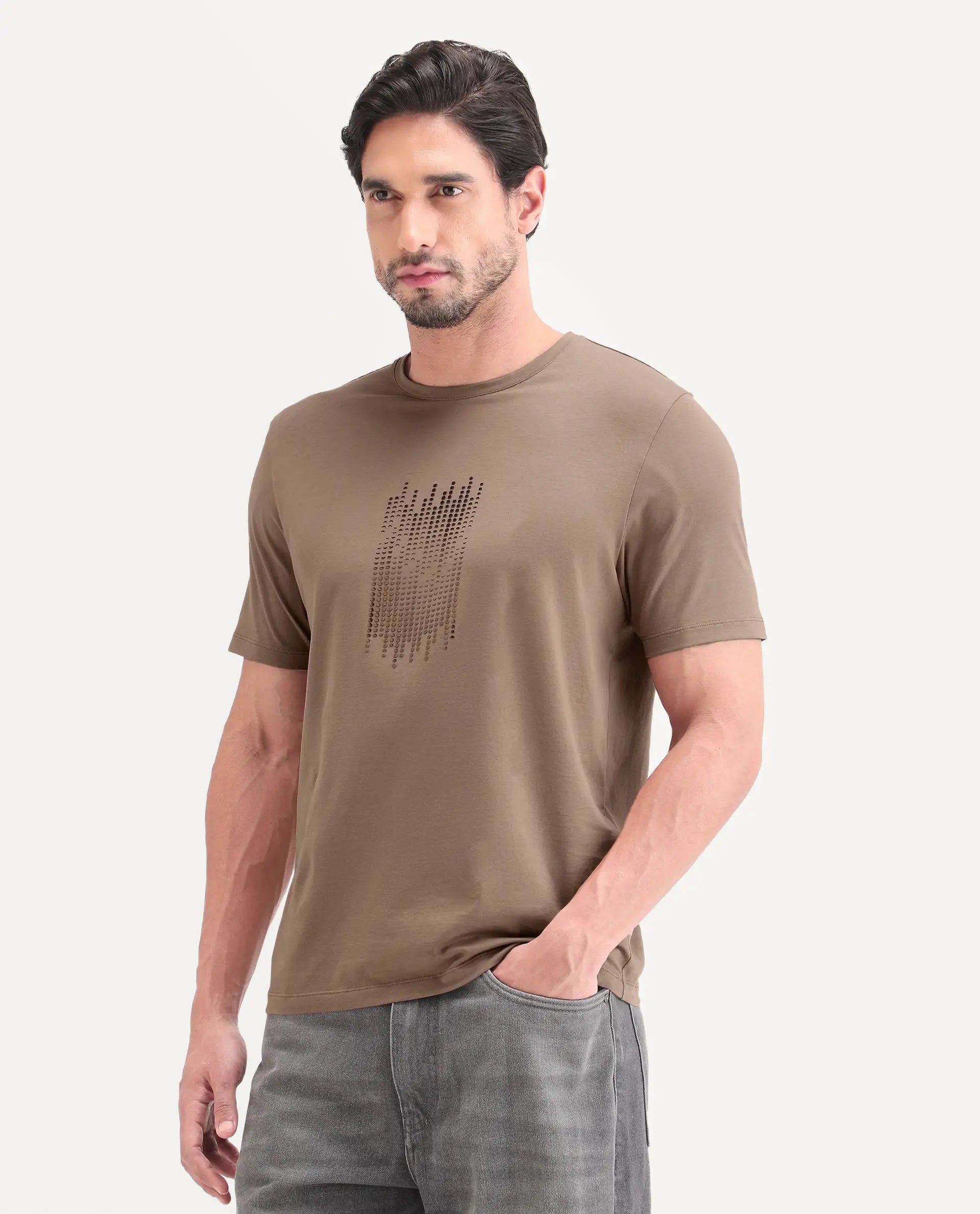 Rare Rabbit Men's Ruho Light Brown Cotton Blend Fabric Half Sleeve Crew Neck Regular Fit Graphic Print T-Shirt