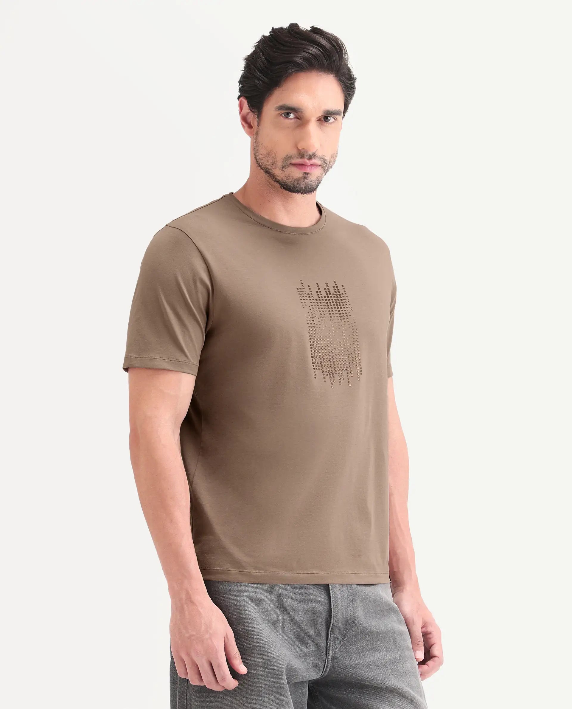 Rare Rabbit Men's Ruho Light Brown Cotton Blend Fabric Half Sleeve Crew Neck Regular Fit Graphic Print T-Shirt