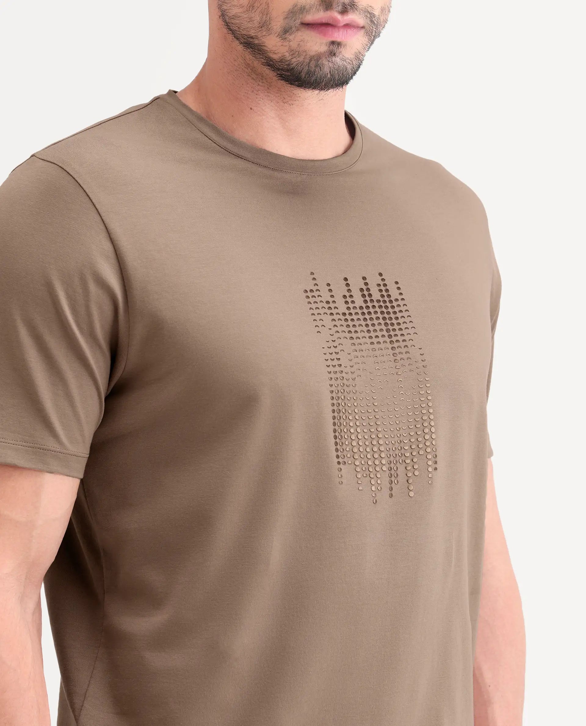 Rare Rabbit Men's Ruho Light Brown Cotton Blend Fabric Half Sleeve Crew Neck Regular Fit Graphic Print T-Shirt