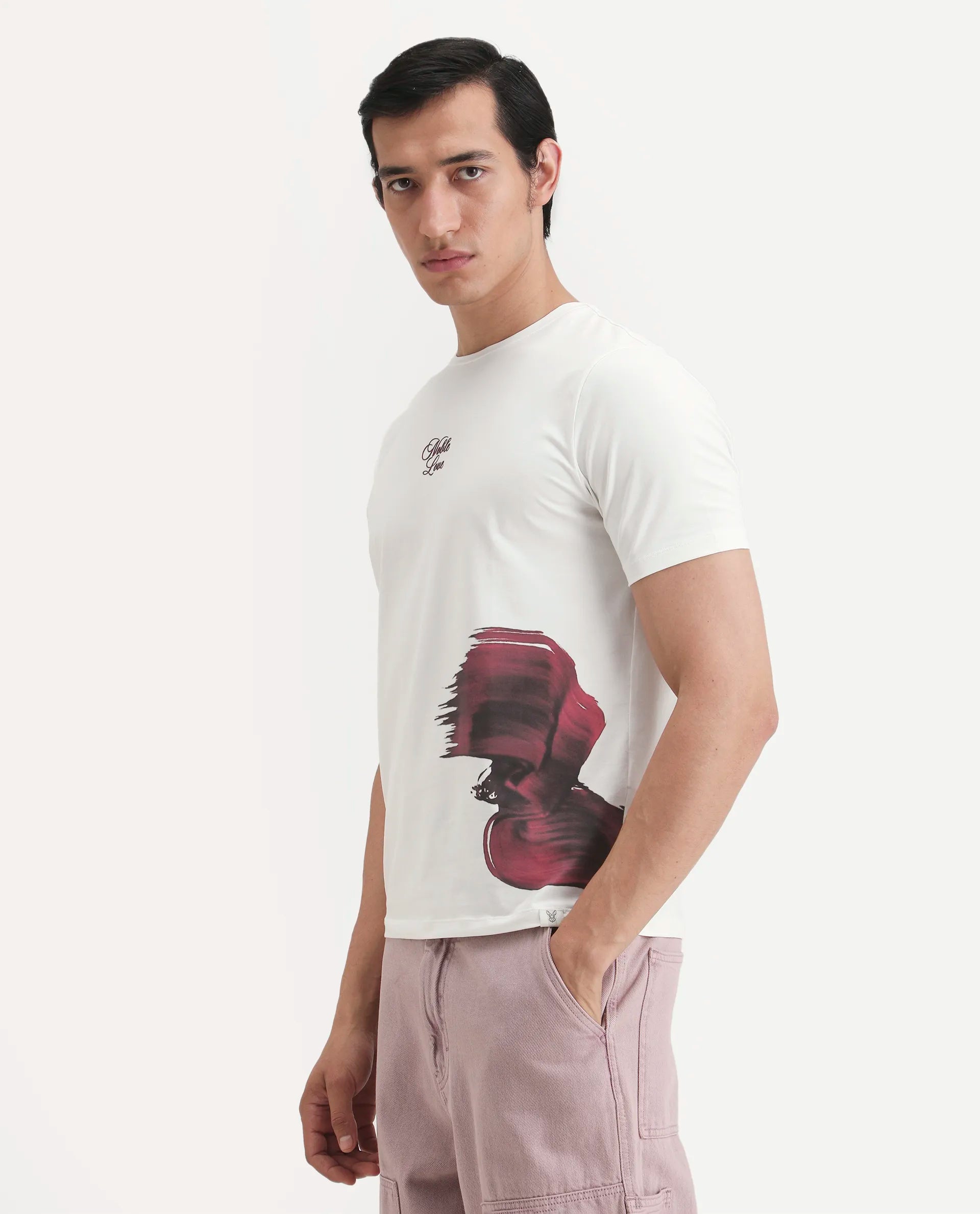 Rare Rabbit Men's Rush Off White Cotton Blend Fabric Half Sleeve Crew Neck Regular Fit Graphic Print T-Shirt