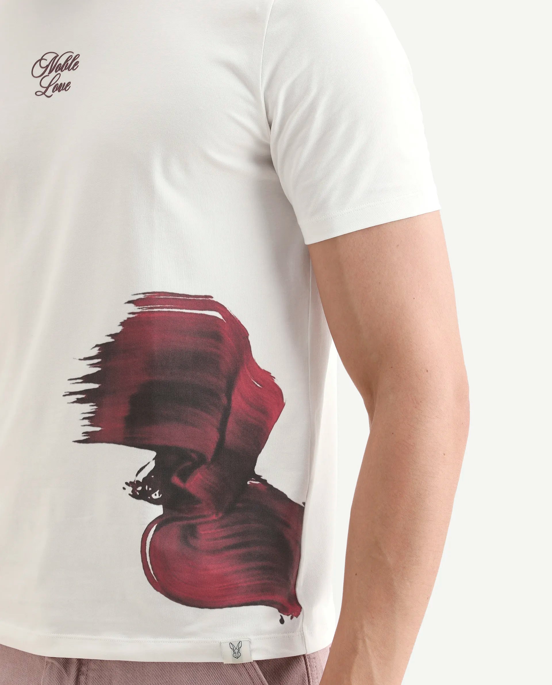 Rare Rabbit Men's Rush Off White Cotton Blend Fabric Half Sleeve Crew Neck Regular Fit Graphic Print T-Shirt