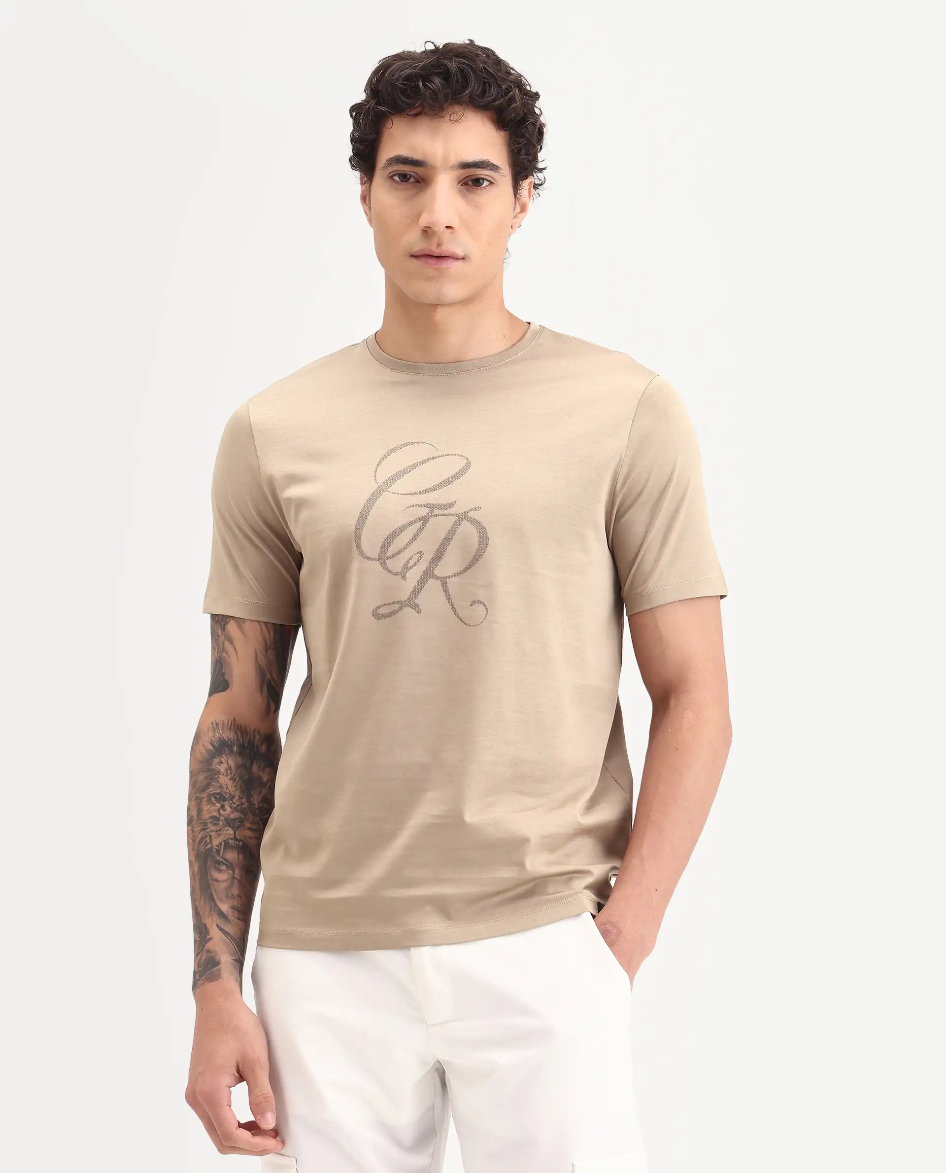 Rare Rabbit Men's Spear Dusky Beige Cotton Fabric Half Sleeve Crew Neck Regular Fit Graphic Print T-Shirt