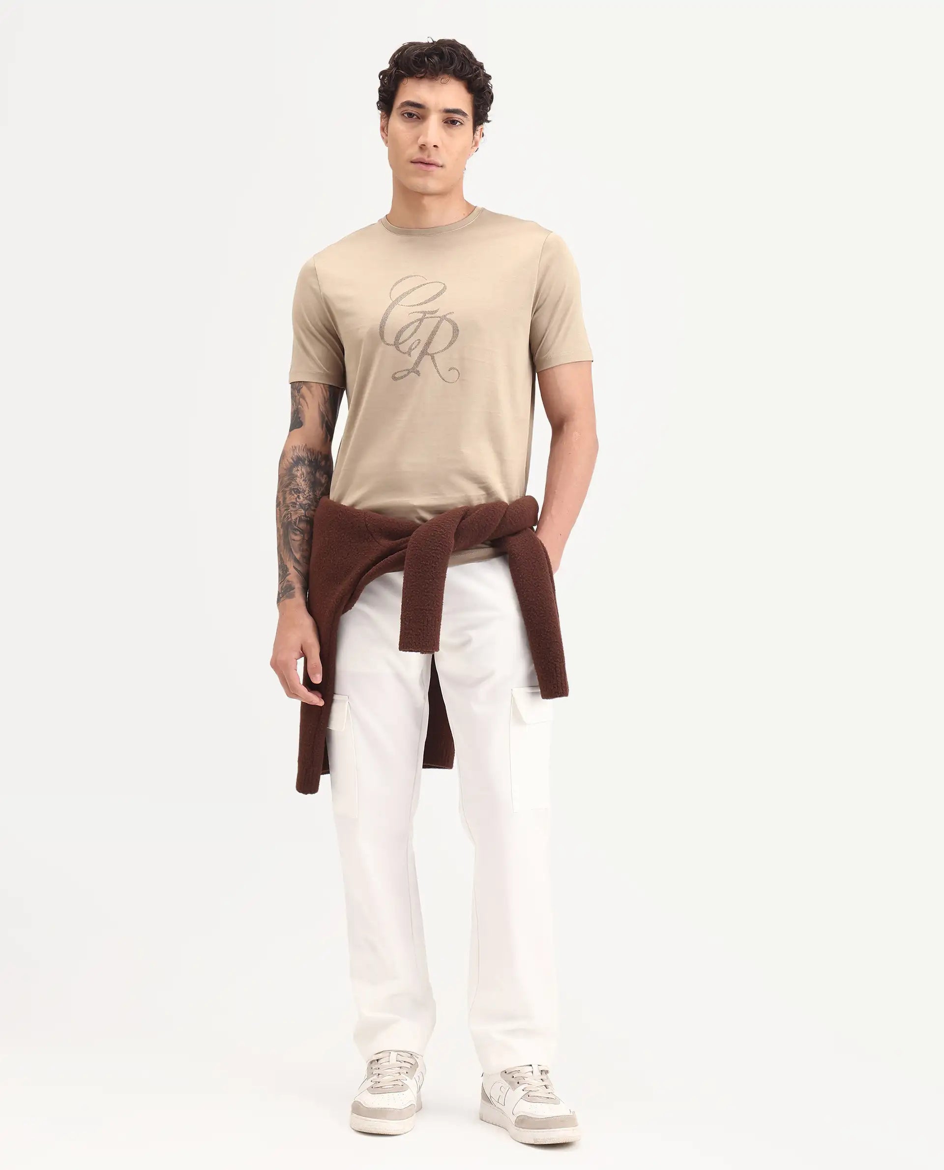 Rare Rabbit Men's Spear Dusky Beige Cotton Fabric Half Sleeve Crew Neck Regular Fit Graphic Print T-Shirt