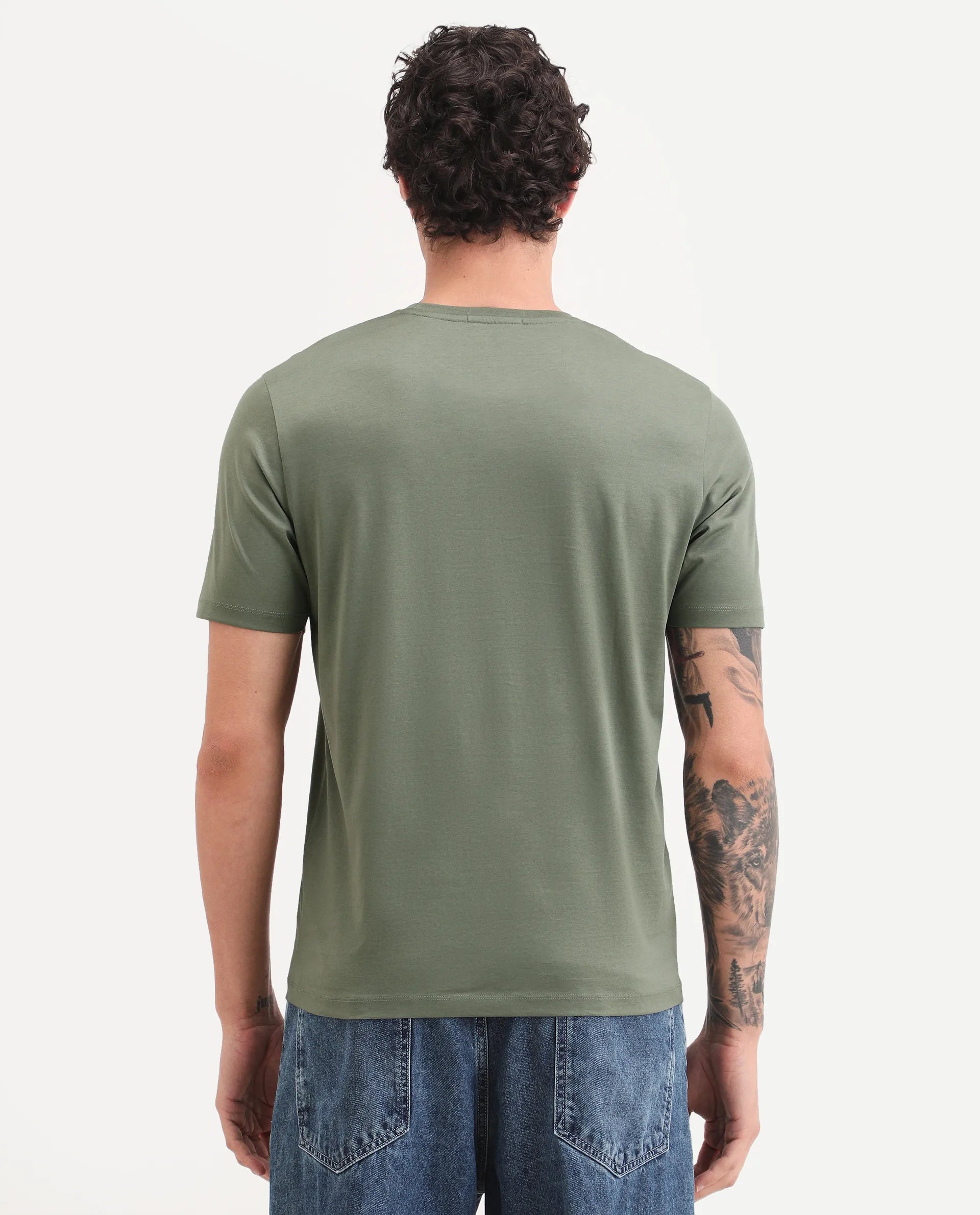 Rare Rabbit Men's Spear Dusky Olive Cotton Fabric Half Sleeve Crew Neck Regular Fit Graphic Print T-Shirt