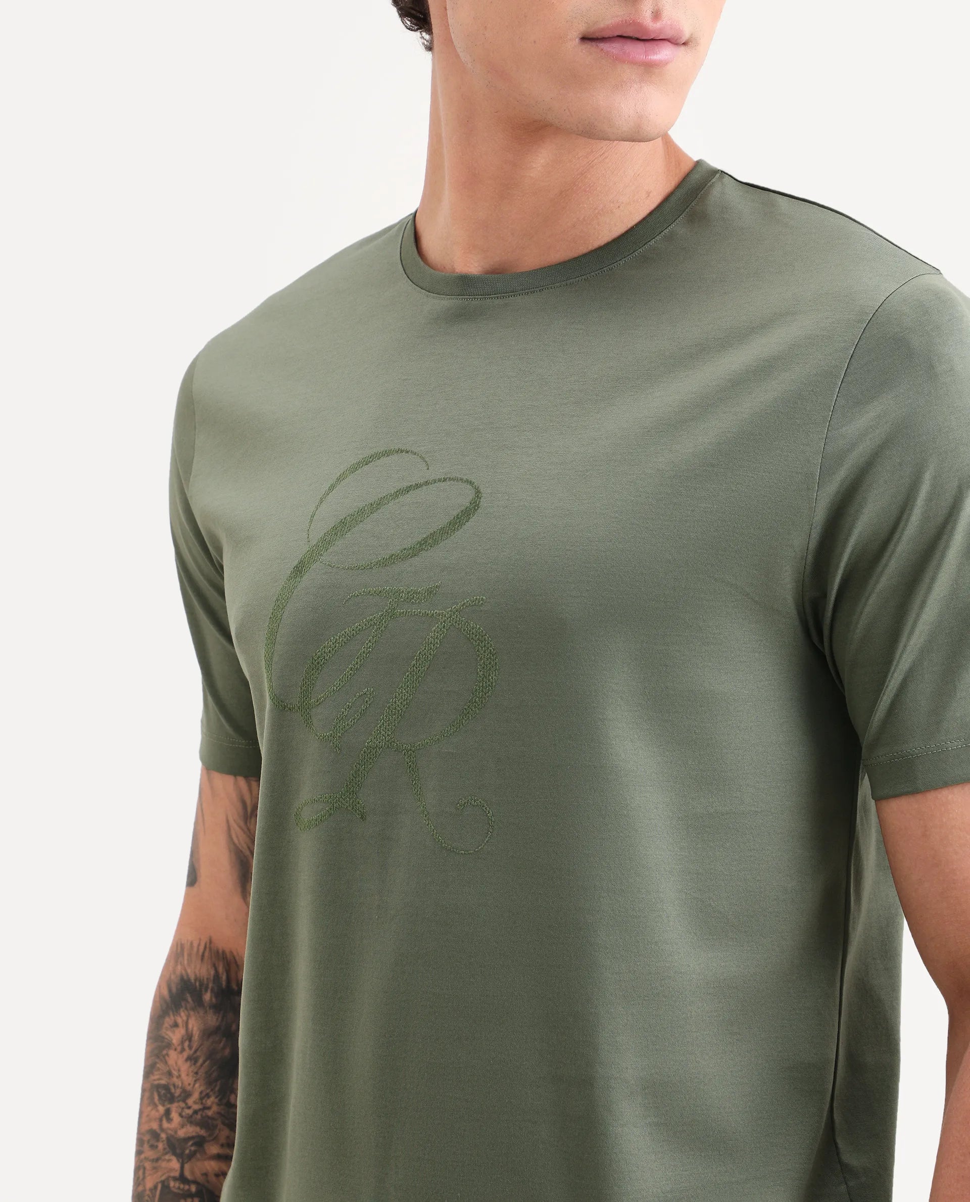 Rare Rabbit Men's Spear Dusky Olive Cotton Fabric Half Sleeve Crew Neck Regular Fit Graphic Print T-Shirt