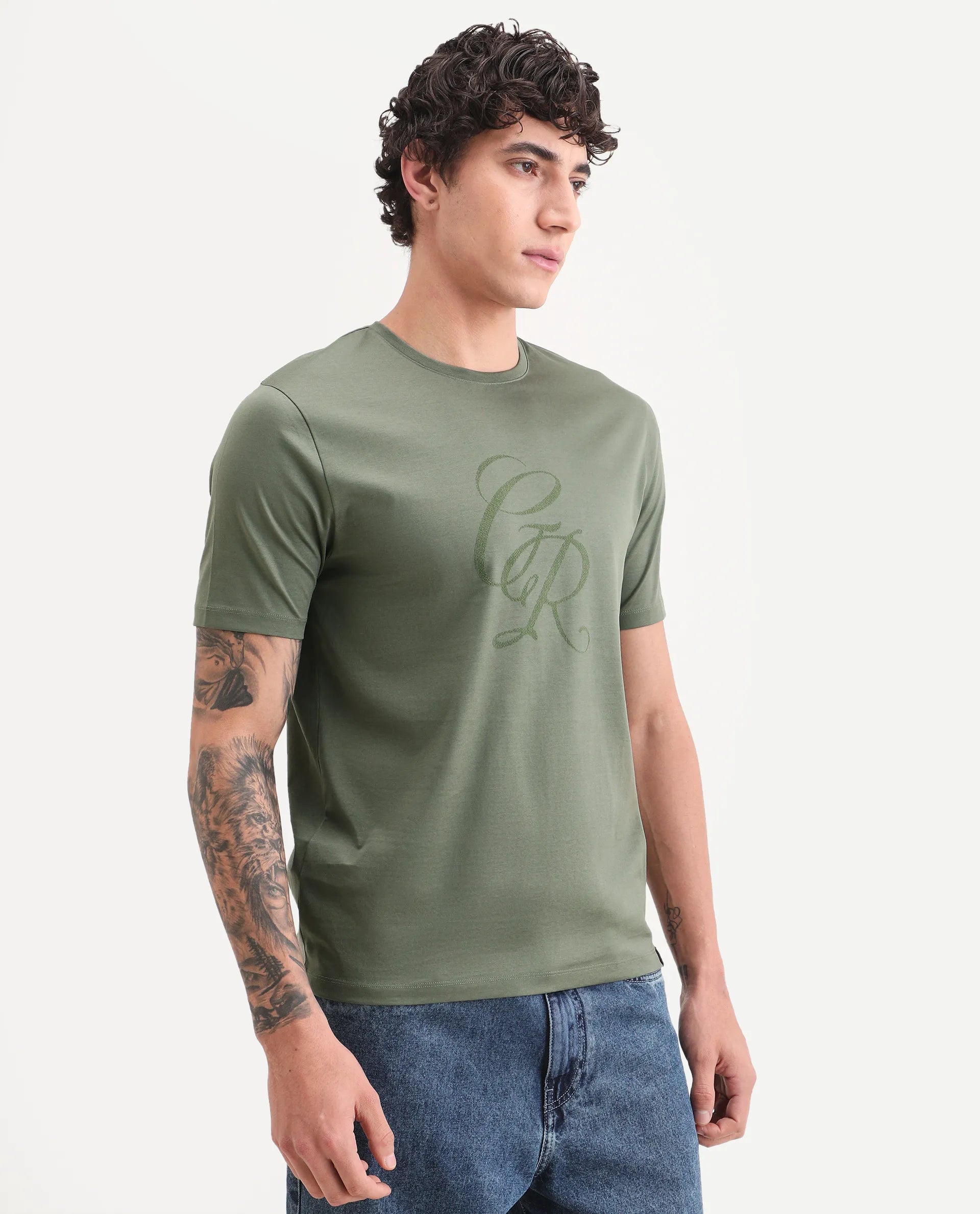 Rare Rabbit Men's Spear Dusky Olive Cotton Fabric Half Sleeve Crew Neck Regular Fit Graphic Print T-Shirt