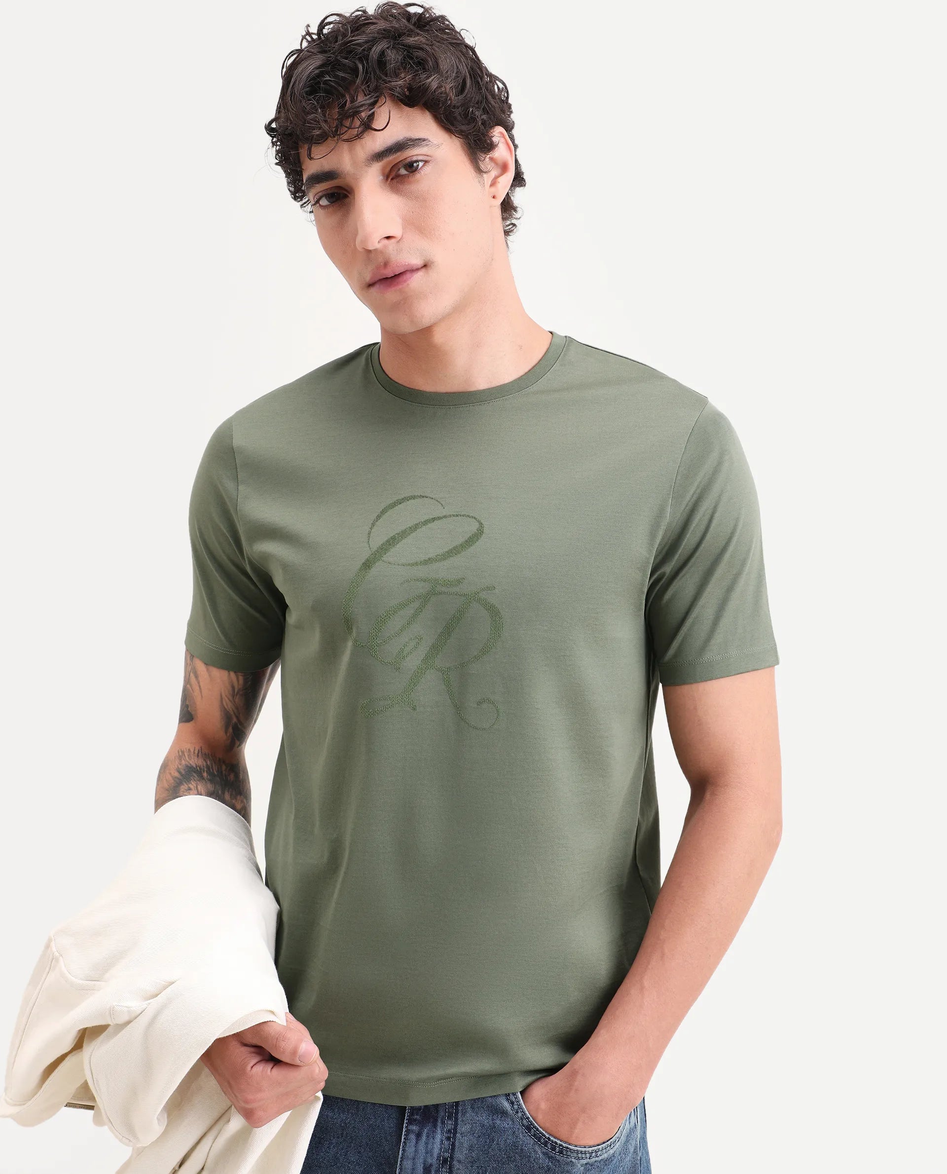 Rare Rabbit Men's Spear Dusky Olive Cotton Fabric Half Sleeve Crew Neck Regular Fit Graphic Print T-Shirt