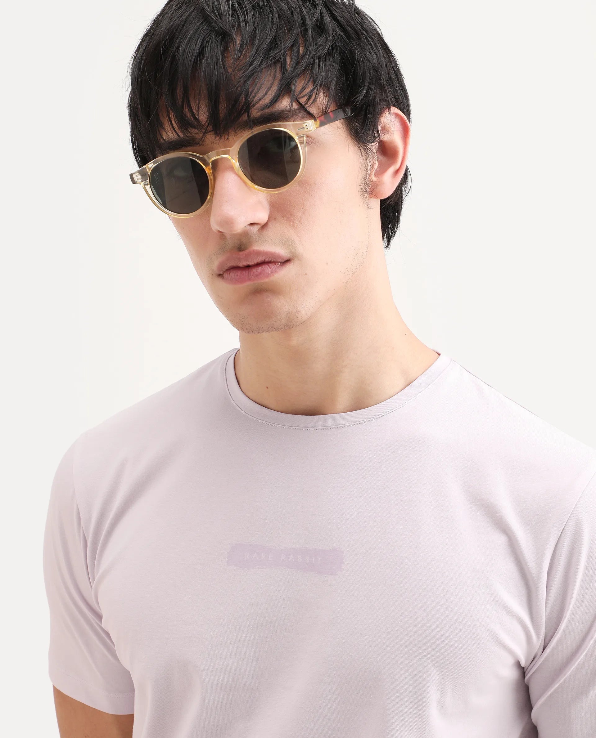 Rare Rabbit Men's Spur Pastel Pink Cotton Blend Fabric Half Sleeve Crew Neck Regular Fit Graphic Print T-Shirt