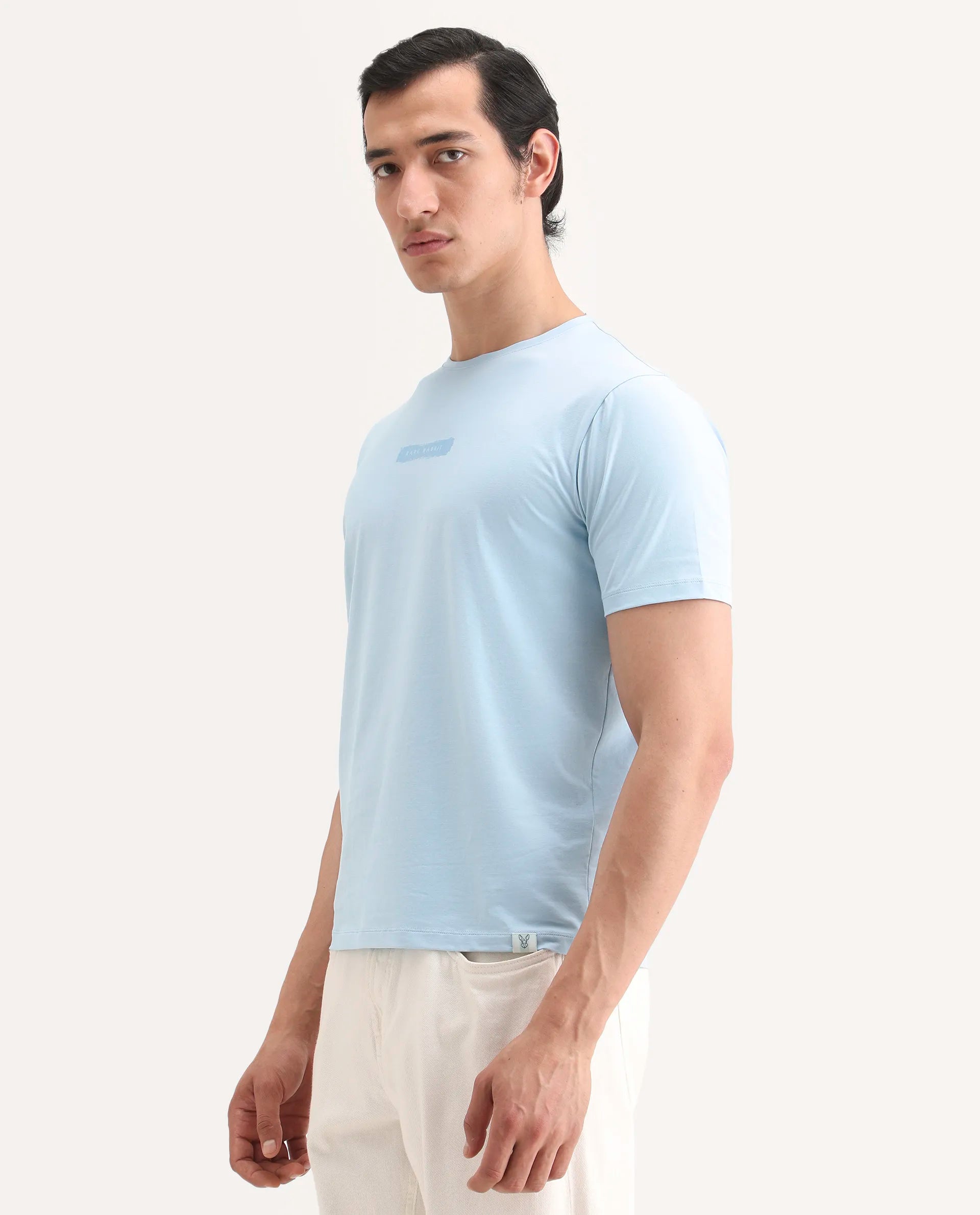 Rare Rabbit Men's Spur Light Blue Cotton Blend Fabric Half Sleeve Crew Neck Regular Fit Graphic Print T-Shirt