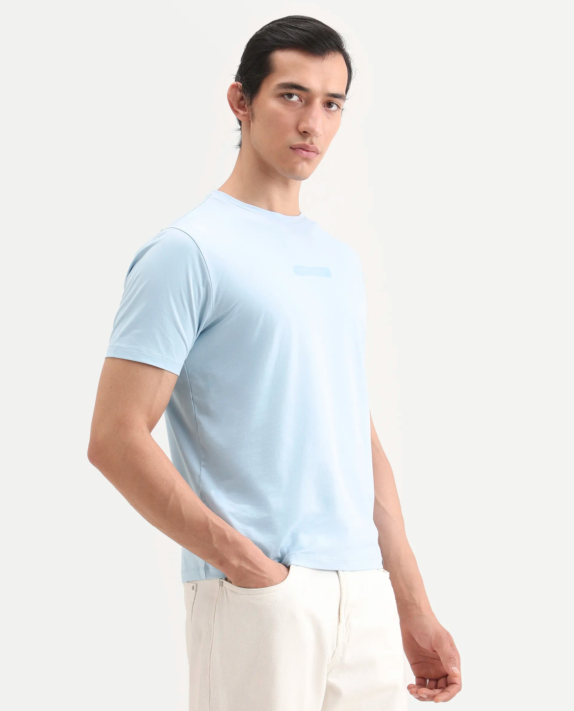 Rare Rabbit Men's Spur Light Blue Cotton Blend Fabric Half Sleeve Crew Neck Regular Fit Graphic Print T-Shirt