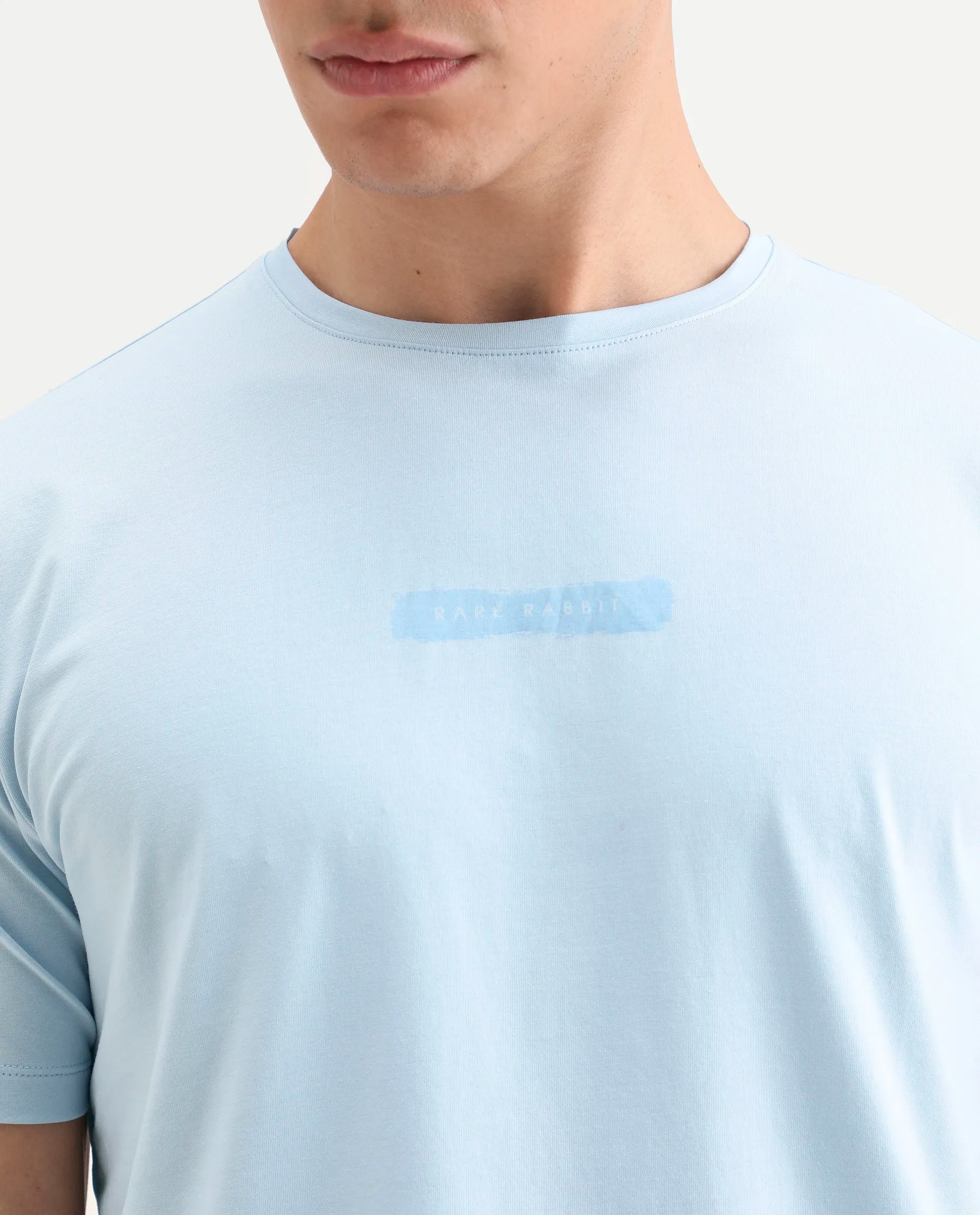 Rare Rabbit Men's Spur Light Blue Cotton Blend Fabric Half Sleeve Crew Neck Regular Fit Graphic Print T-Shirt