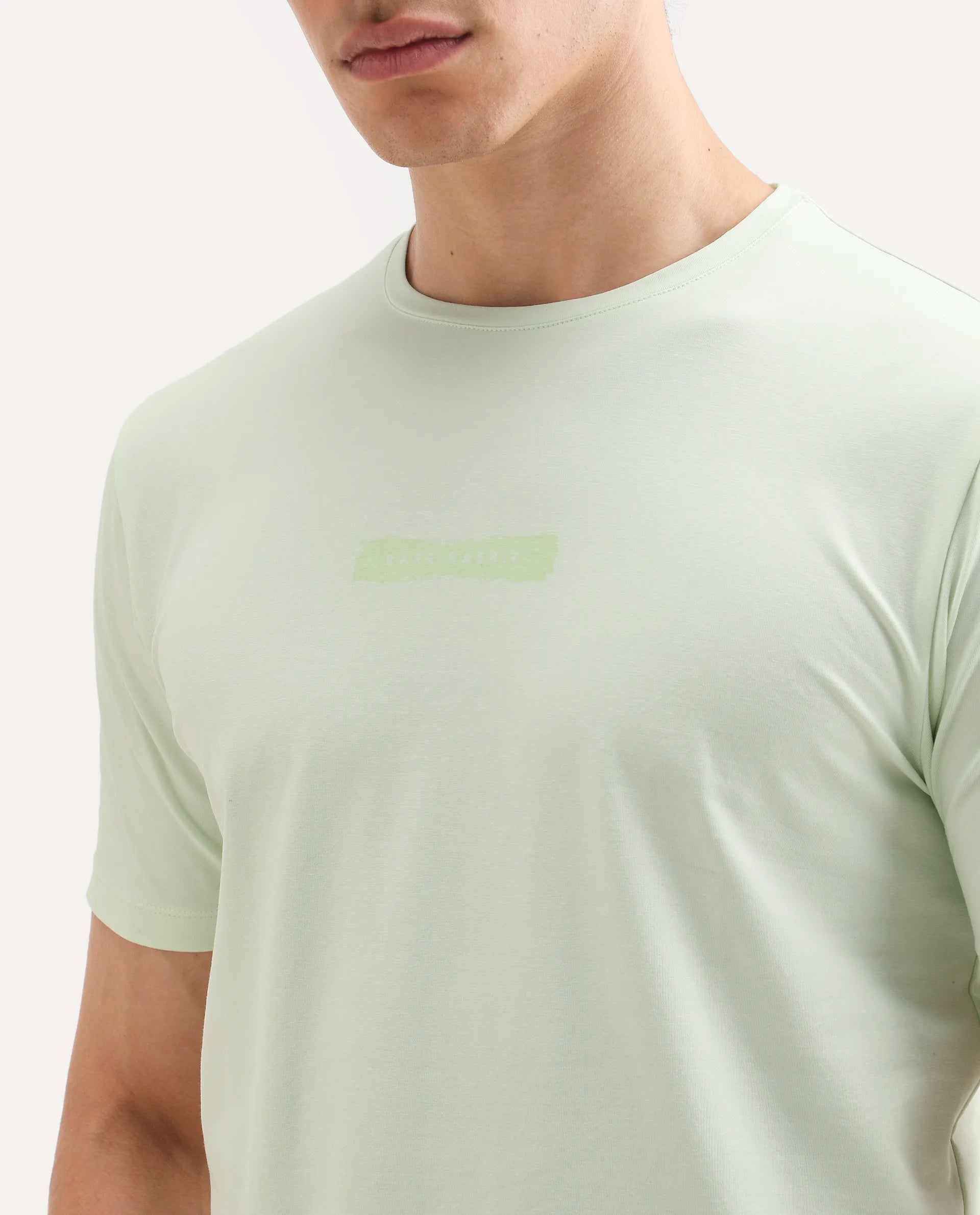 Rare Rabbit Men's Spur Light Green Cotton Blend Fabric Half Sleeve Crew Neck Regular Fit Graphic Print T-Shirt