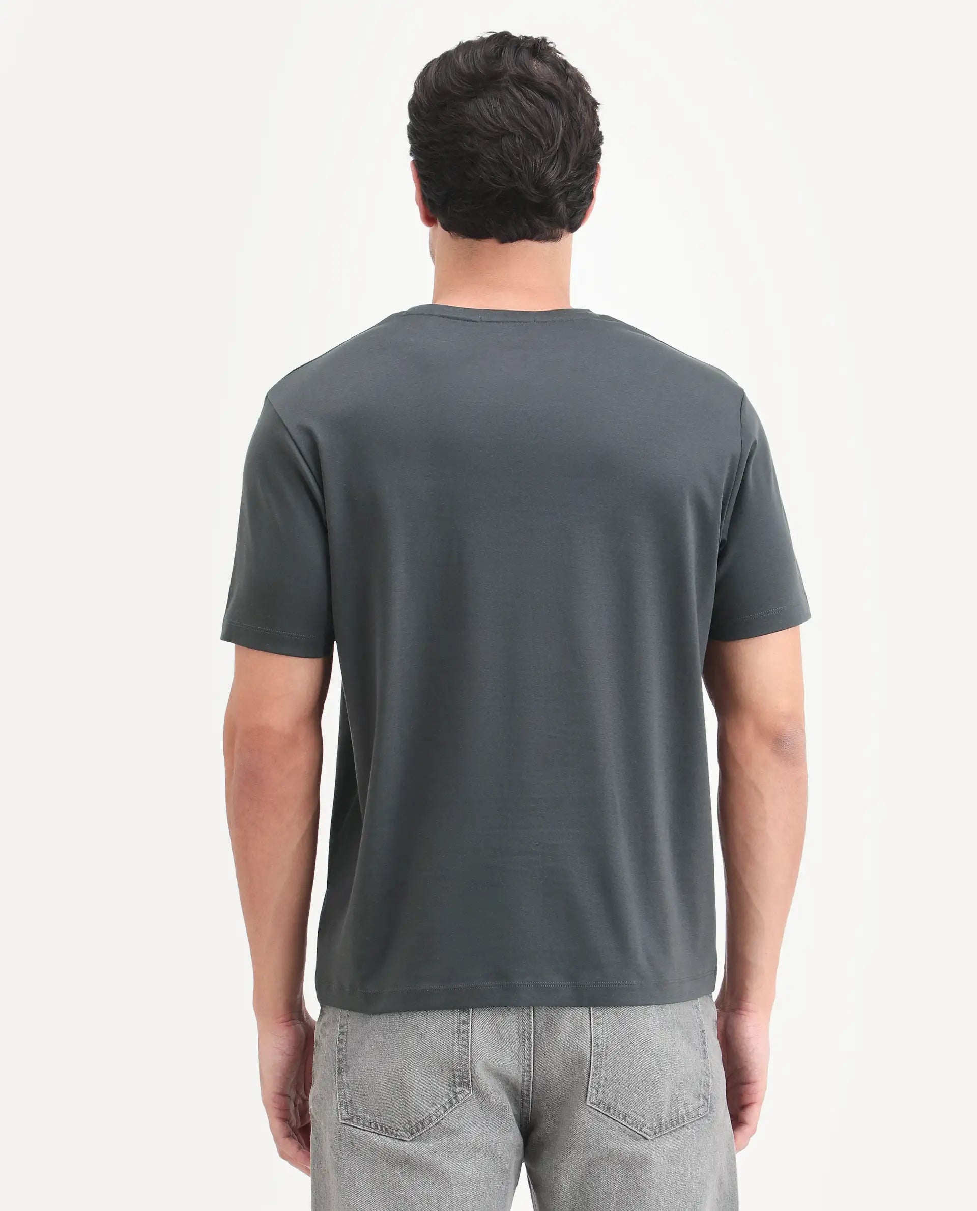 Rare Rabbit Men's Tiro Dark Grey Cotton Fabric Half Sleeve Crew Neck Regular Fit Graphic Print T-Shirt