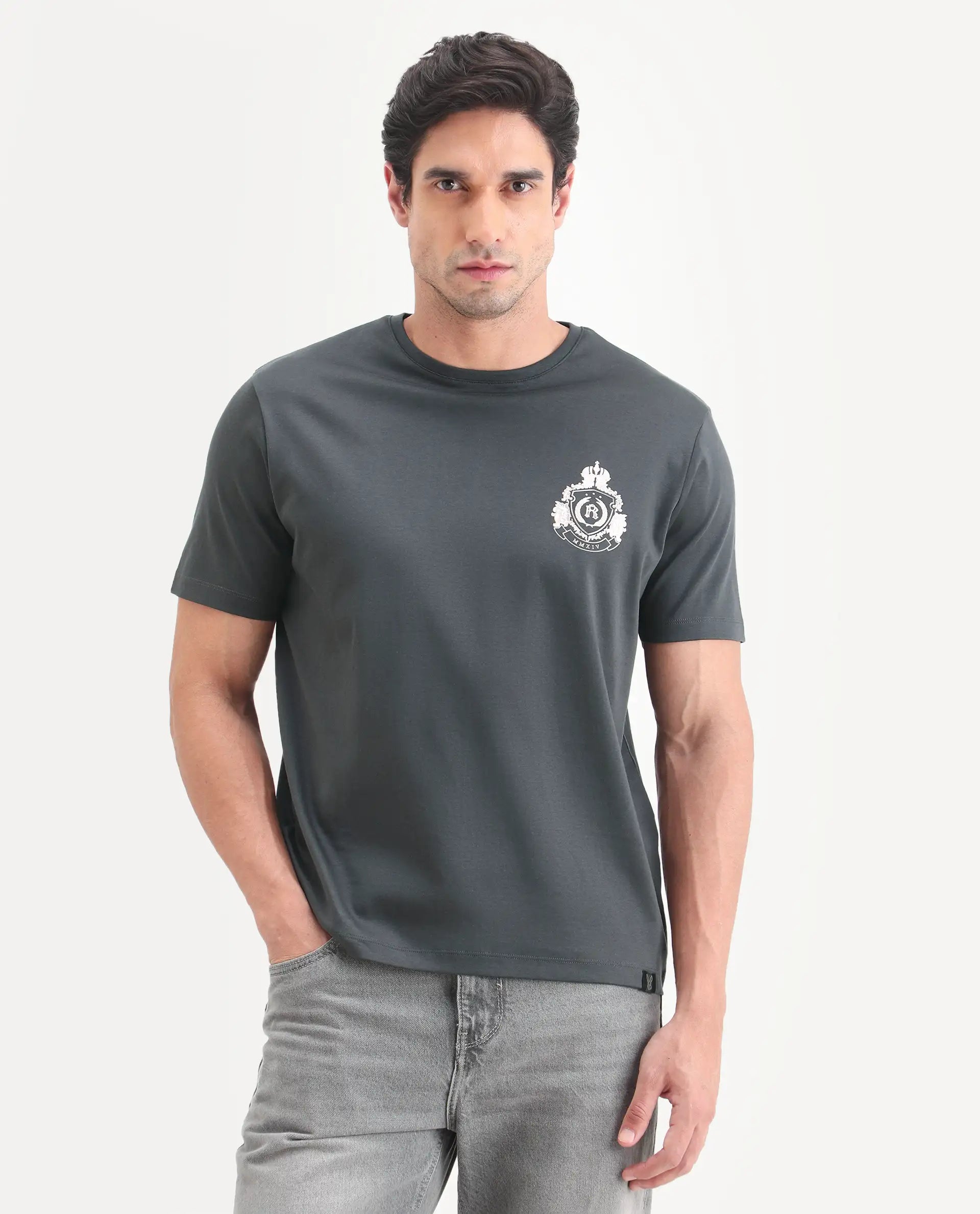 Rare Rabbit Men's Tiro Dark Grey Cotton Fabric Half Sleeve Crew Neck Regular Fit Graphic Print T-Shirt