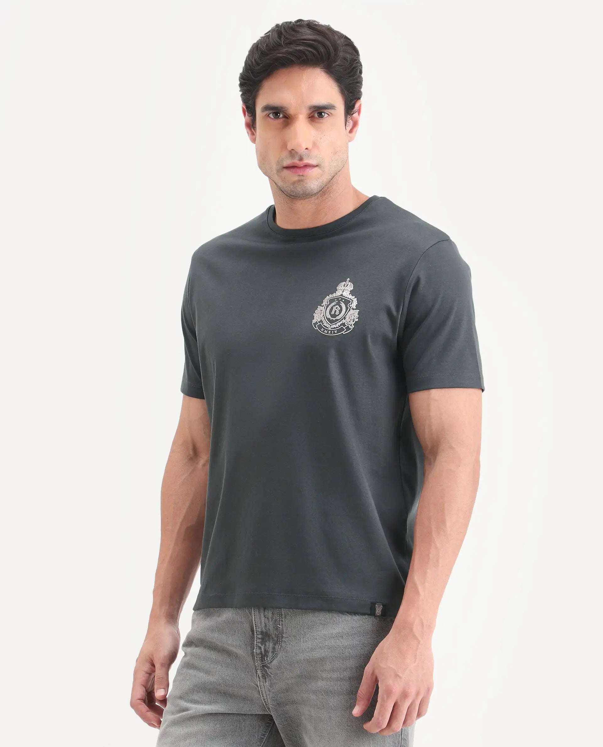 Rare Rabbit Men's Tiro Dark Grey Cotton Fabric Half Sleeve Crew Neck Regular Fit Graphic Print T-Shirt