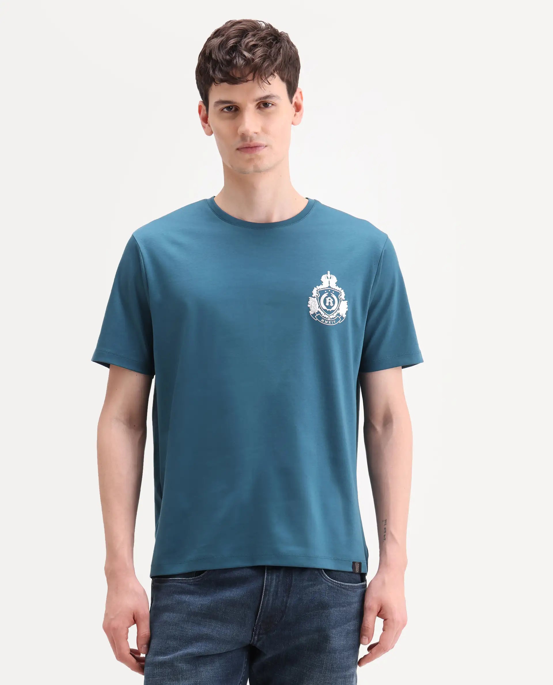 Rare Rabbit Men's Tiro Dark Teal Cotton Fabric Half Sleeve Crew Neck Regular Fit Graphic Print T-Shirt