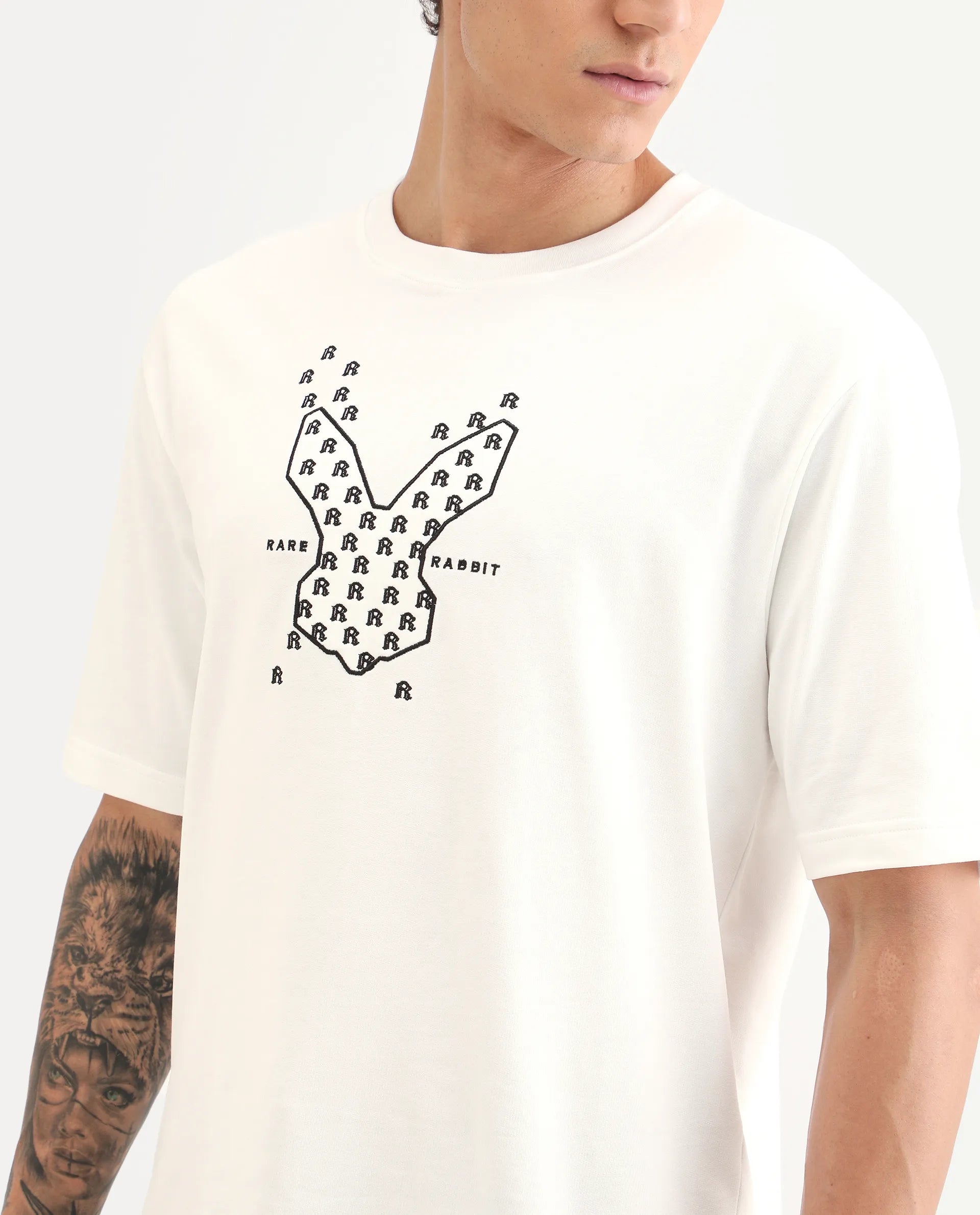 Rare Rabbit Men's Tiz White Cotton Fabric Half Sleeve Crew Neck Oversize Graphic Print T-Shirt